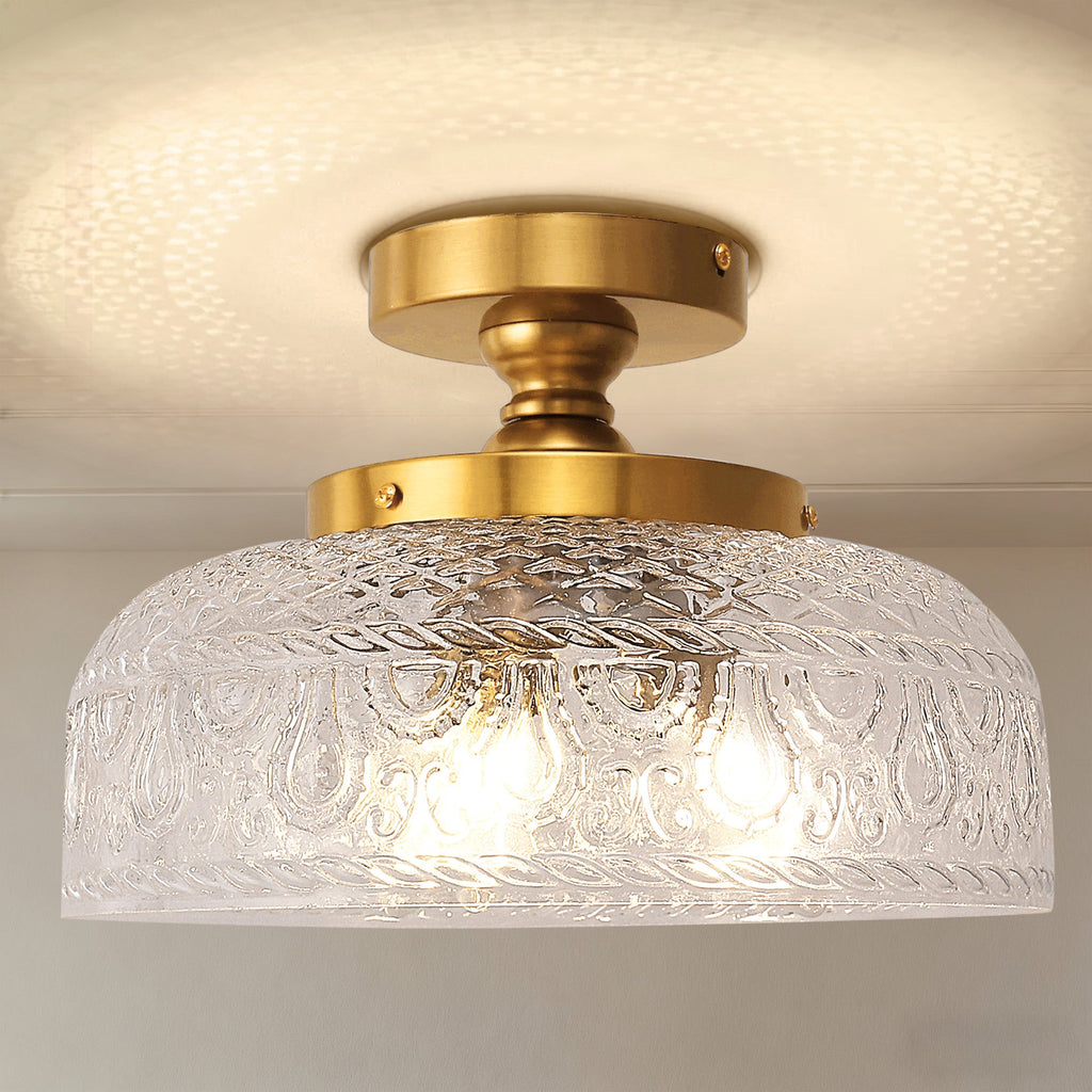 Jandcase 12.2in Brass Semi Flush Mount Ceiling Light with Globe Glass Shade 3-Light E12 Ceiling Fixture for Bedroom Hallway Kitchen