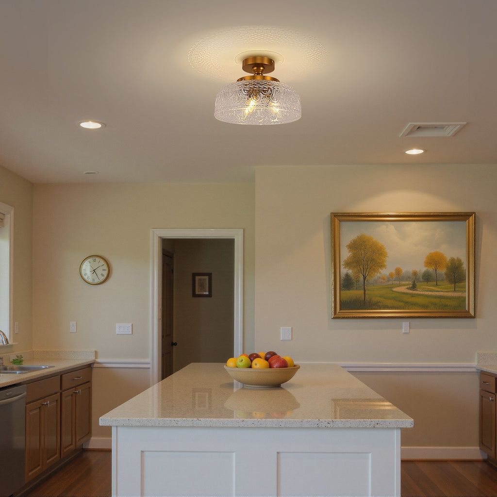 Jandcase 12.2in Brass Semi Flush Mount Ceiling Light with Globe Glass Shade 3-Light E12 Ceiling Fixture for Bedroom Hallway Kitchen