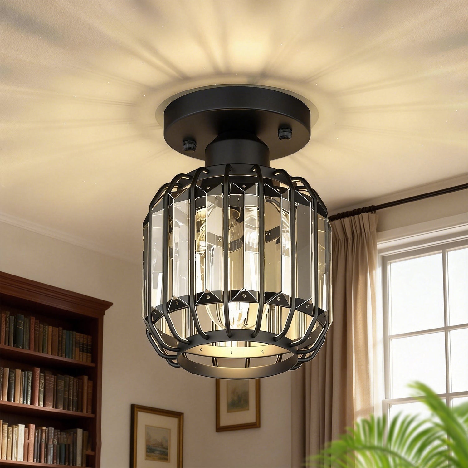 Jandcase 6.3 in. 1-Light Matte Black Traditional Semi Flush Mount Ceiling Light with Triangular Crystal Rods, No Bulbs Included