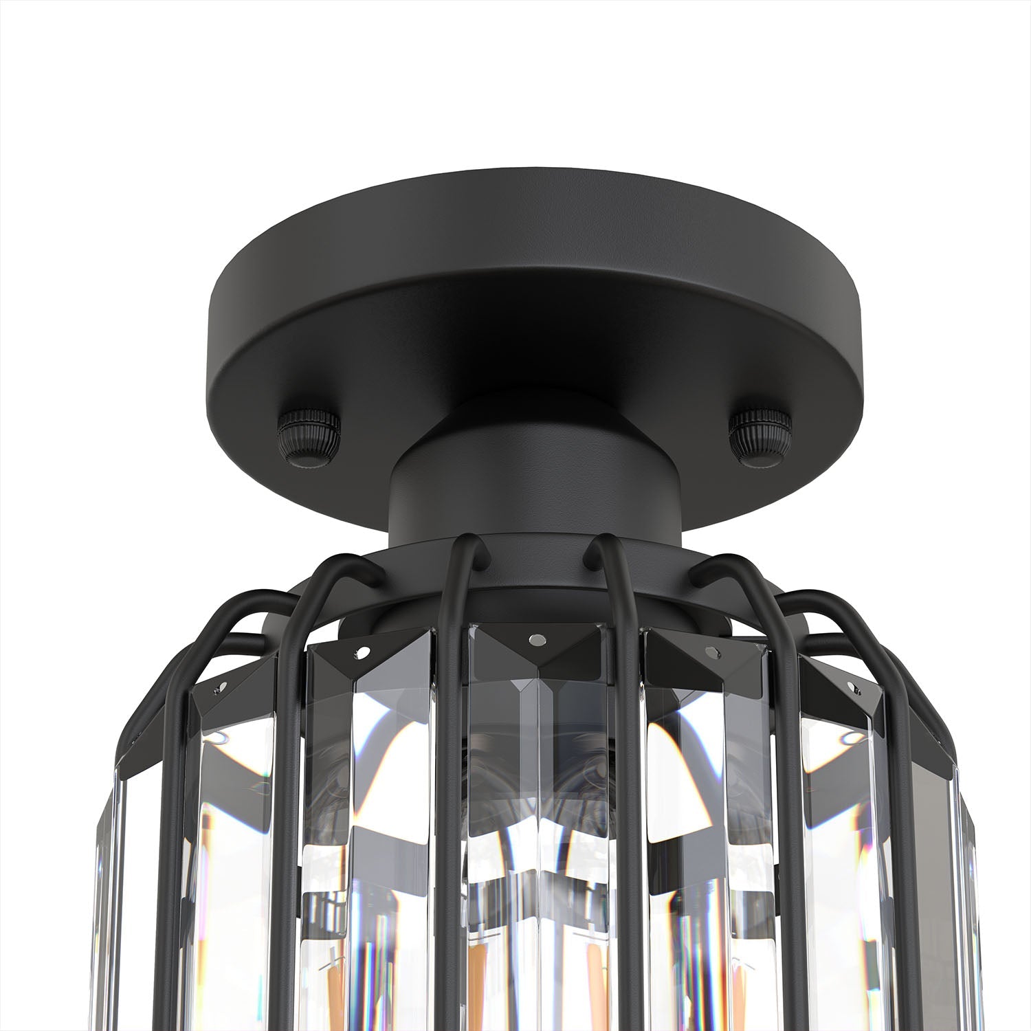 Jandcase 6.3 in. 1-Light Matte Black Traditional Semi Flush Mount Ceiling Light with Triangular Crystal Rods, No Bulbs Included