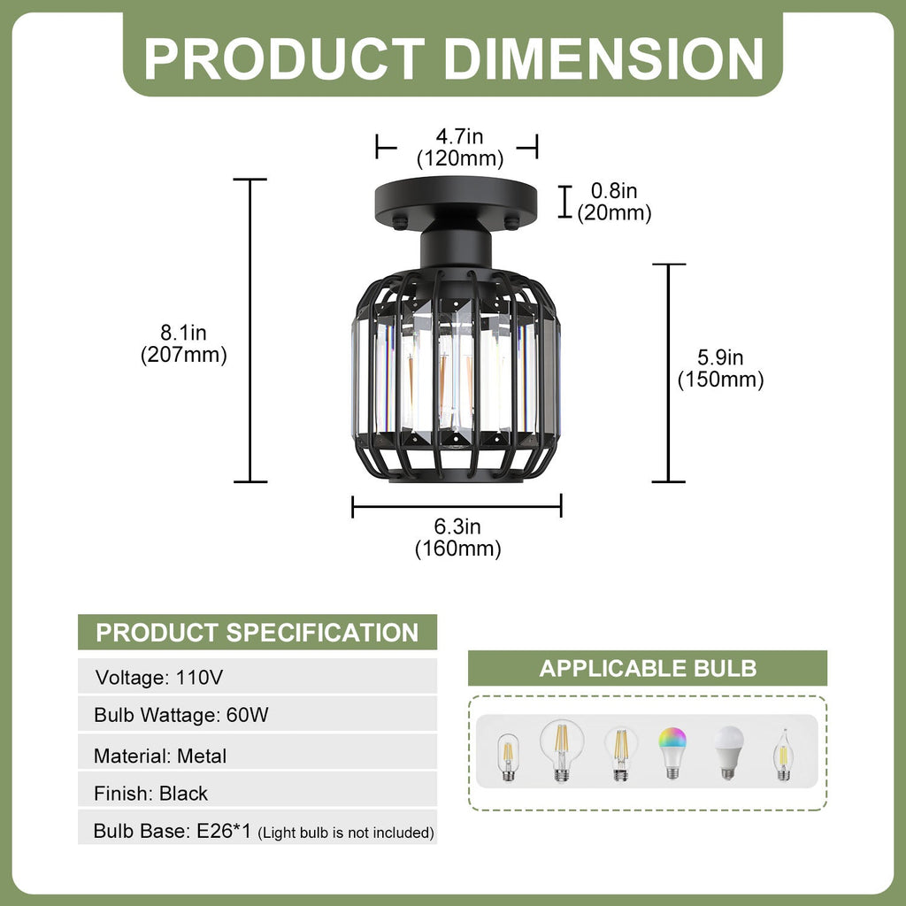 Jandcase 6.3 in. 1-Light Matte Black Traditional Semi Flush Mount Ceiling Light with Triangular Crystal Rods, No Bulbs Included