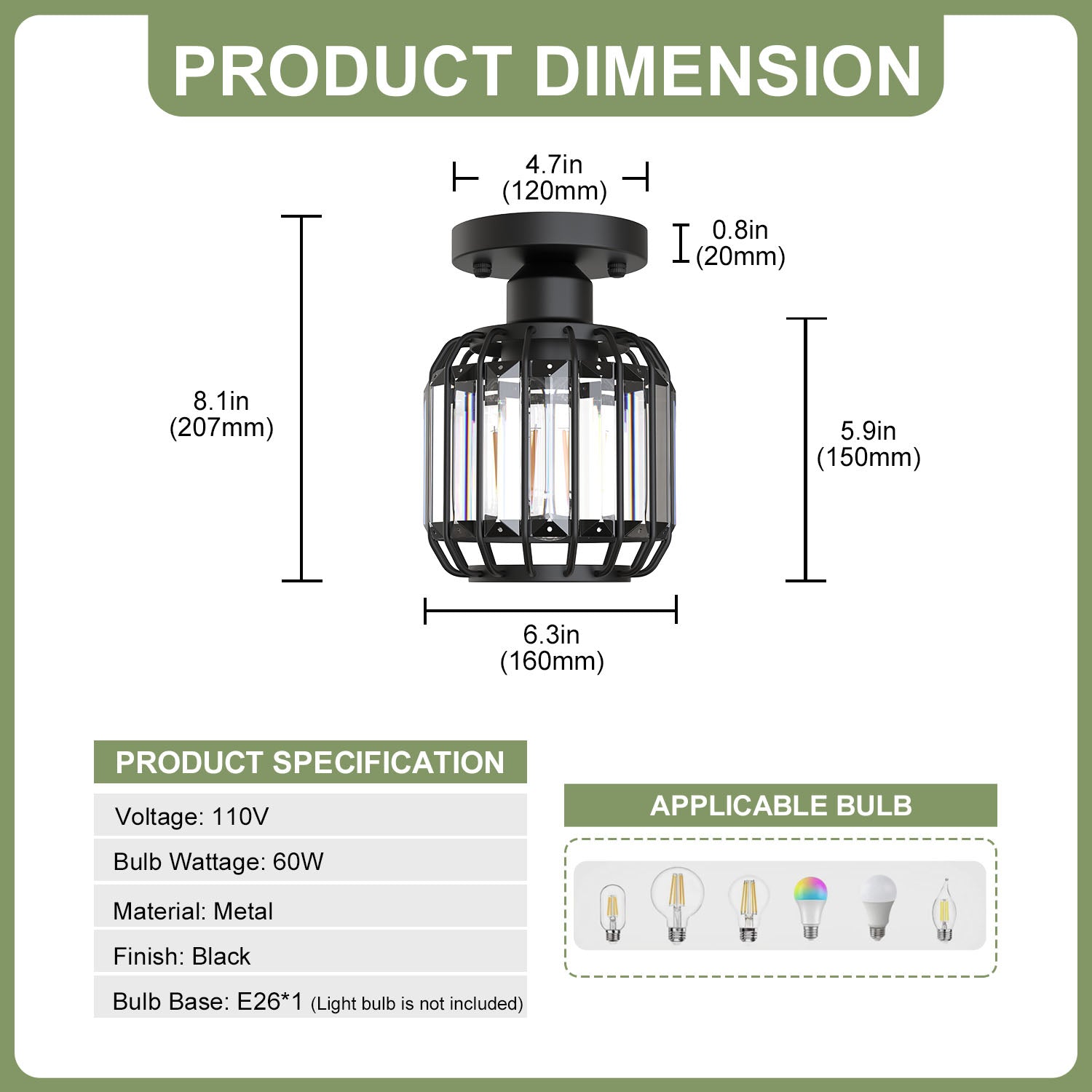 Jandcase 6.3 in. 1-Light Matte Black Traditional Semi Flush Mount Ceiling Light with Triangular Crystal Rods, No Bulbs Included