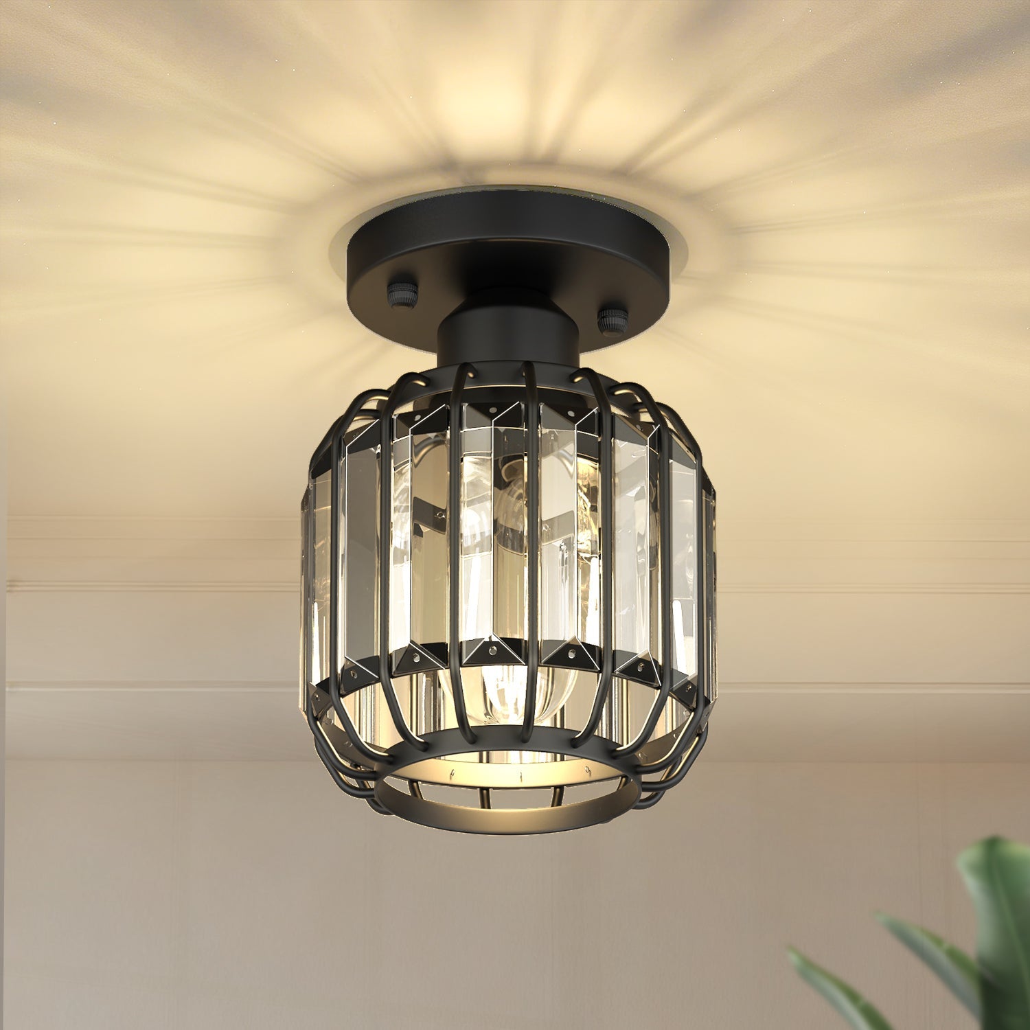 Jandcase 6.3 in. 1-Light Matte Black Traditional Semi Flush Mount Ceiling Light with Triangular Crystal Rods, No Bulbs Included
