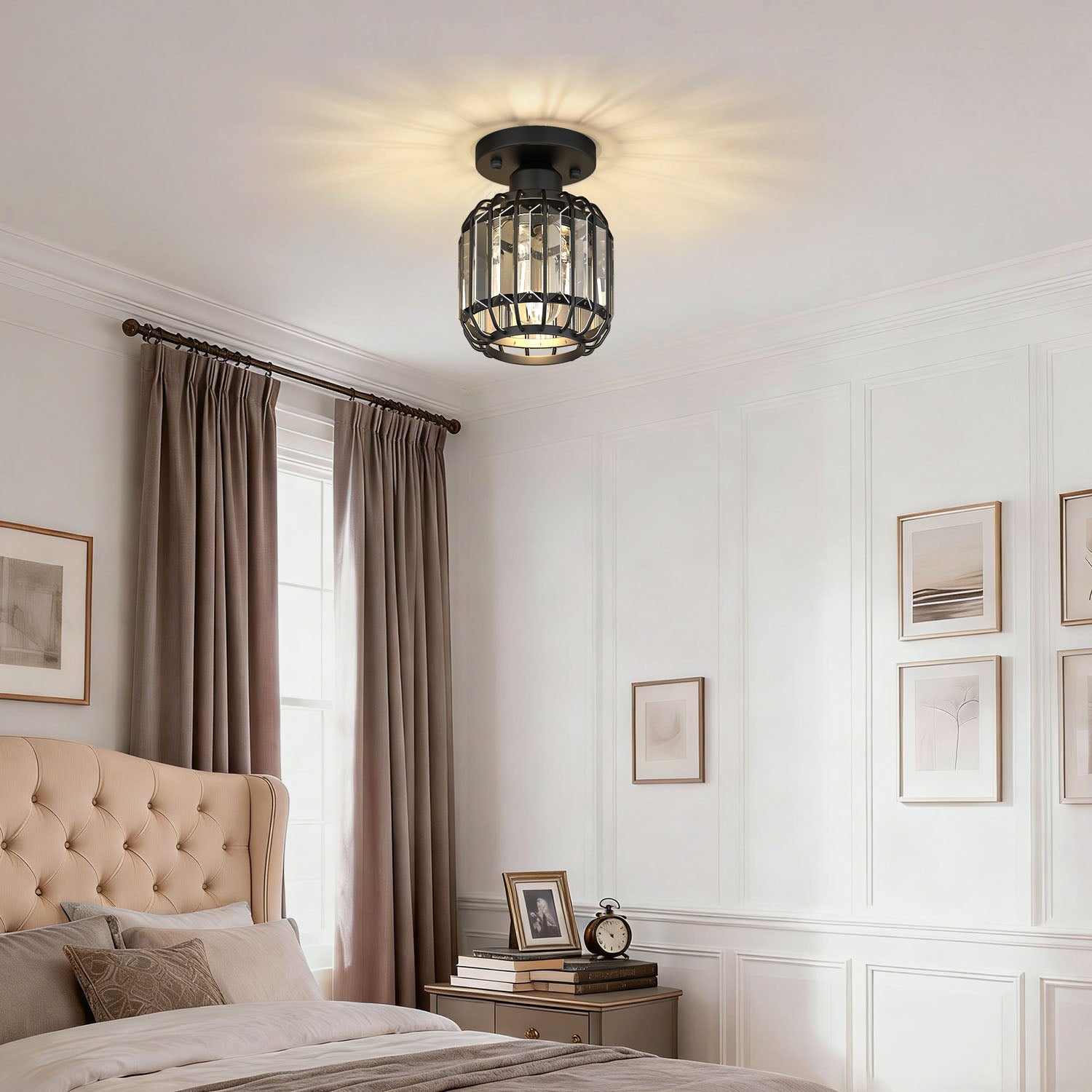 Jandcase 6.3 in. 1-Light Matte Black Traditional Semi Flush Mount Ceiling Light with Triangular Crystal Rods, No Bulbs Included