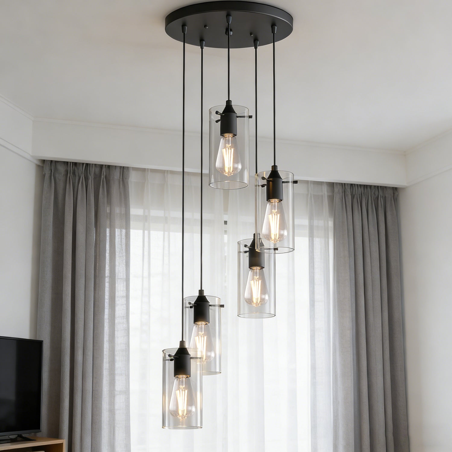 Jandcase 5-Light Modern Matte Black Pendant Light with Clear Glass Shade Traditional E26 Ceiling Light Fixture for Kitchen