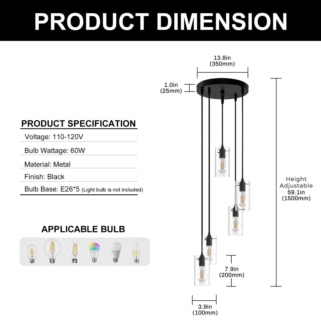 Jandcase 5-Light Modern Matte Black Pendant Light with Clear Glass Shade Traditional E26 Ceiling Light Fixture for Kitchen