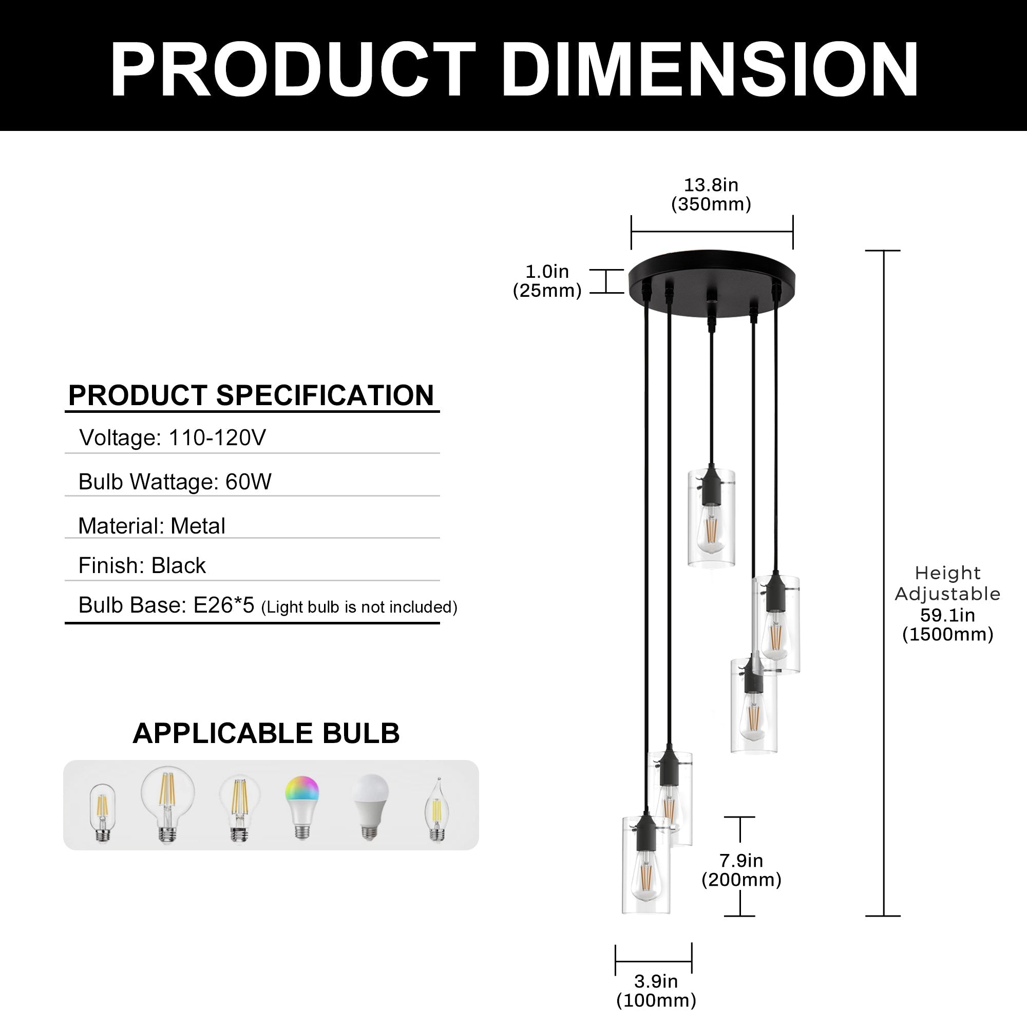 Jandcase 5-Light Modern Matte Black Pendant Light with Clear Glass Shade Traditional E26 Ceiling Light Fixture for Kitchen