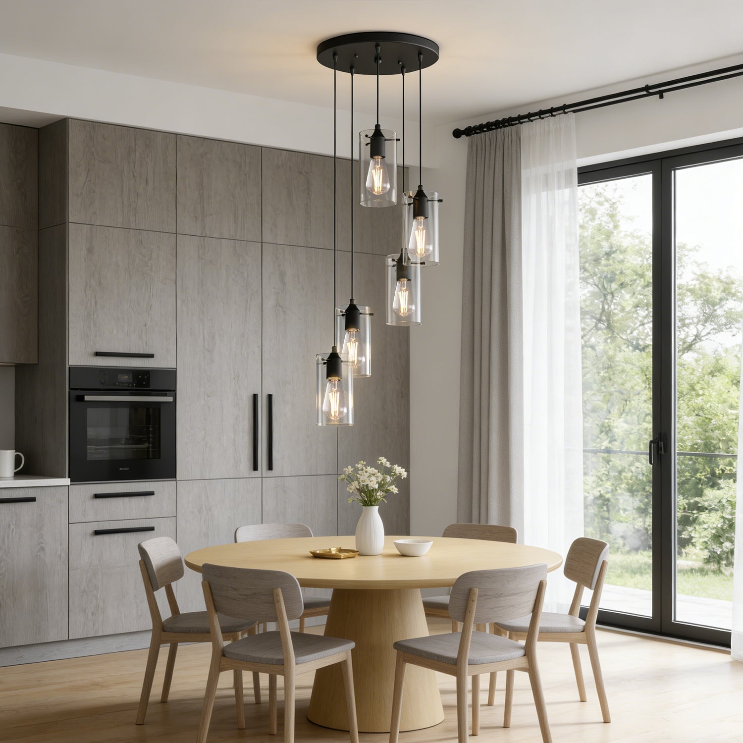 Jandcase 5-Light Modern Matte Black Pendant Light with Clear Glass Shade Traditional E26 Ceiling Light Fixture for Kitchen