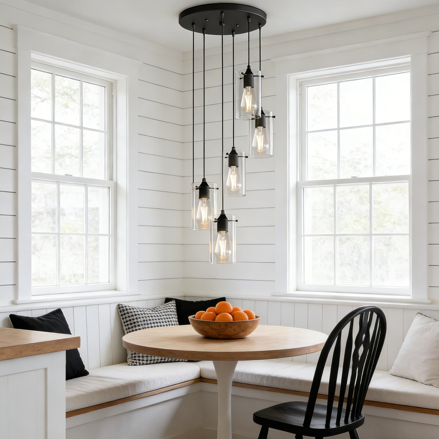 Jandcase 5-Light Modern Matte Black Pendant Light with Clear Glass Shade Traditional E26 Ceiling Light Fixture for Kitchen