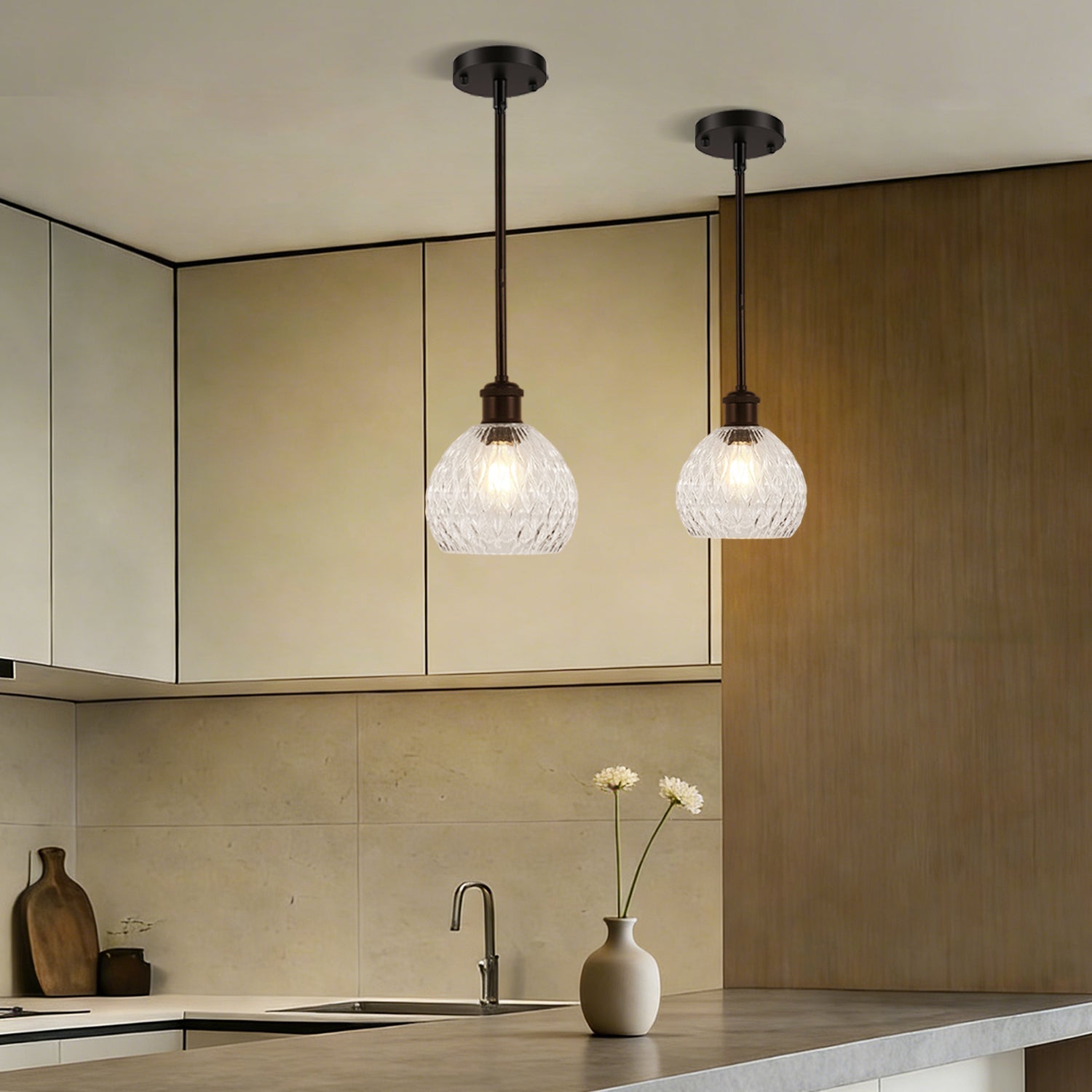 Jandcase 60 Watts 2-Pack 1-Light Matte Black Modern Pendant Light with Diamond Ripple Glass Shade and No Bulb Included