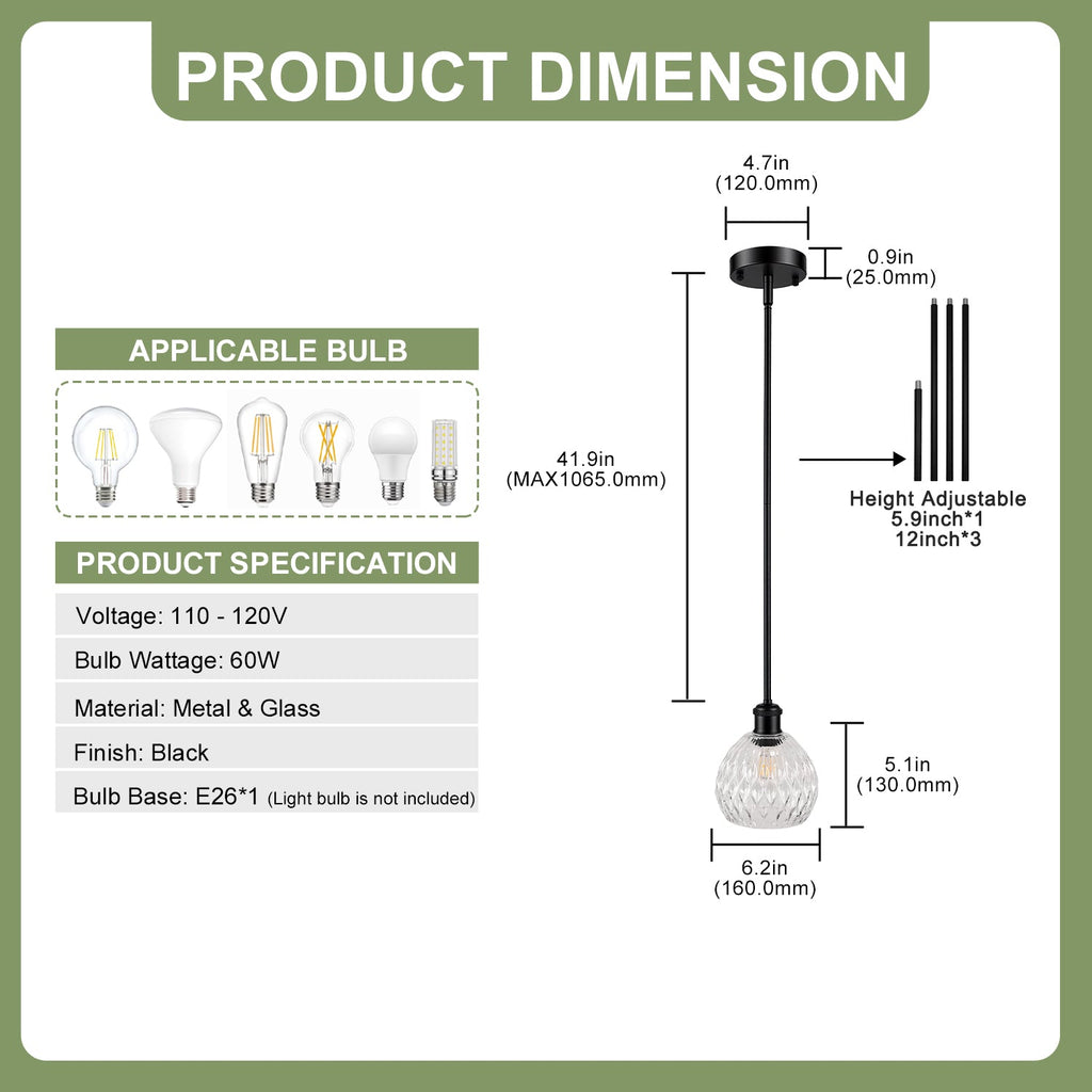 Jandcase 60 Watts 2-Pack 1-Light Matte Black Modern Pendant Light with Diamond Ripple Glass Shade and No Bulb Included