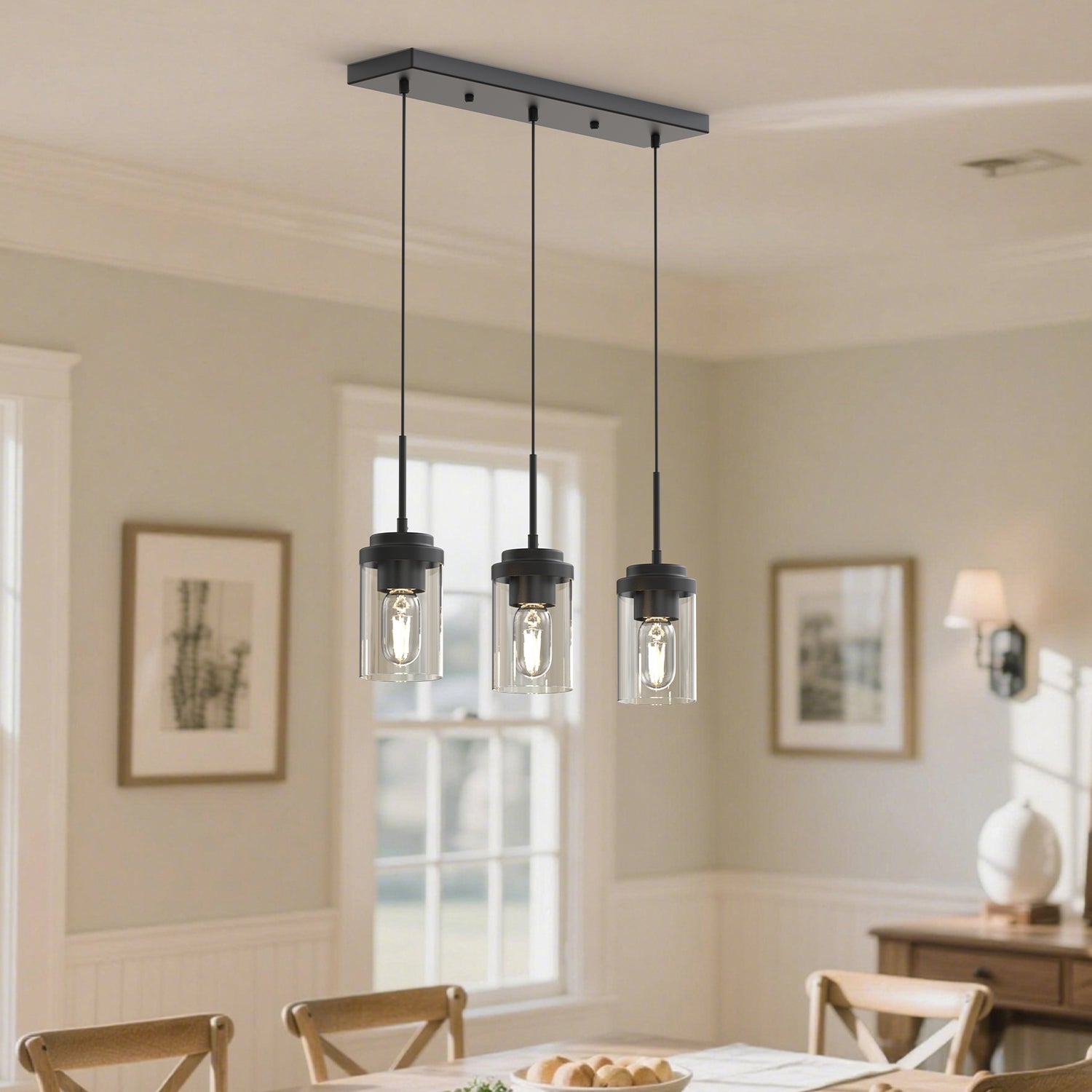 3-Light Cluster Kitchen Island Pendant Light with Matte Black Finish and Glass Shades for Dining Room No Bulbs Included