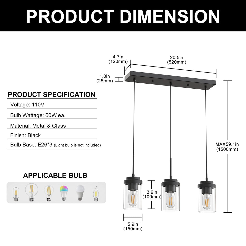 3-Light Cluster Kitchen Island Pendant Light with Matte Black Finish and Glass Shades for Dining Room No Bulbs Included