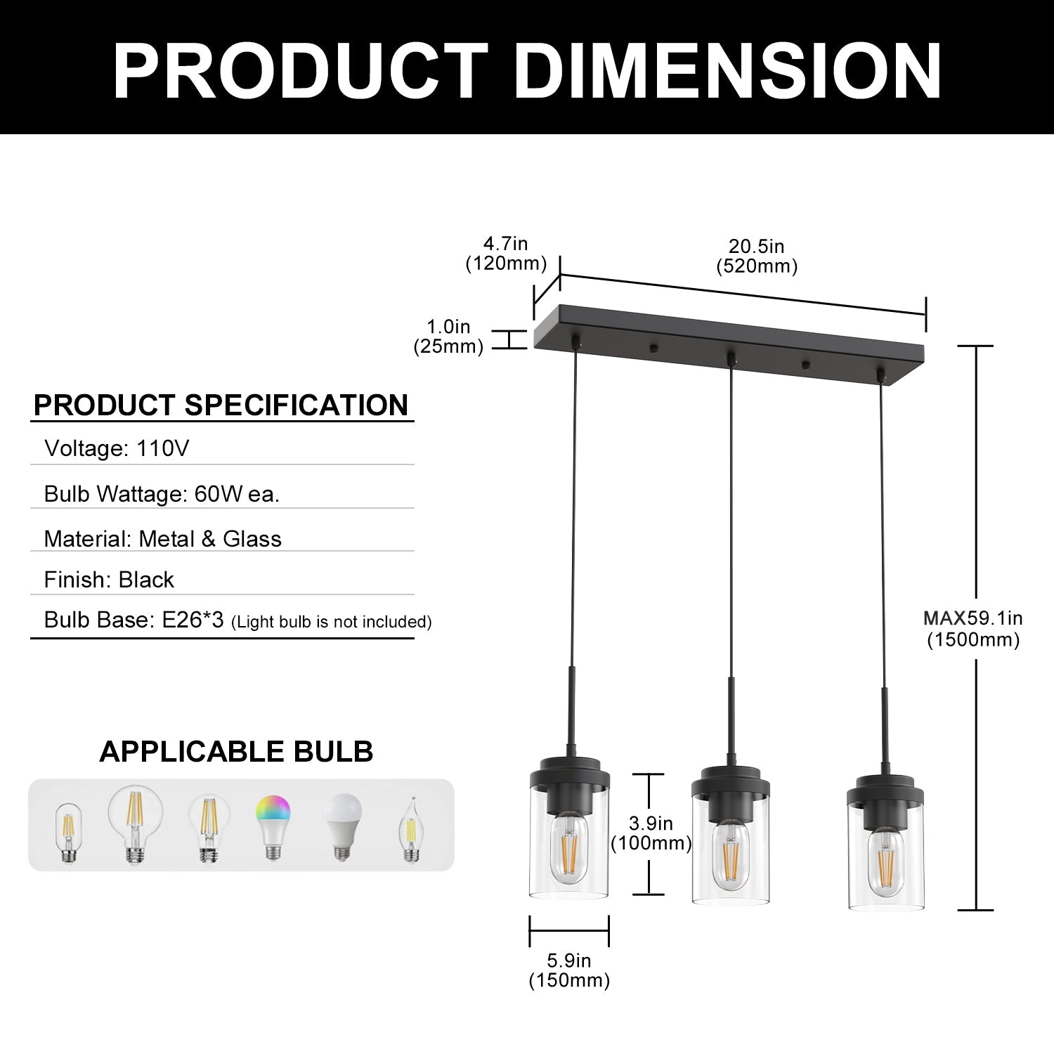 3-Light Cluster Kitchen Island Pendant Light with Matte Black Finish and Glass Shades for Dining Room No Bulbs Included