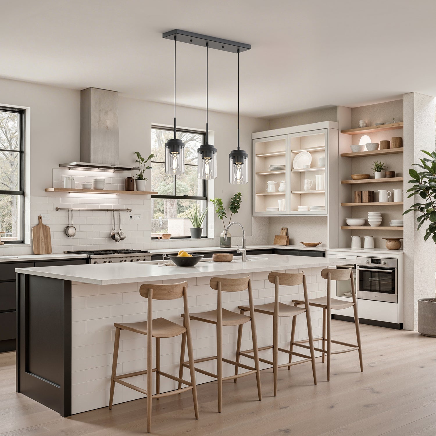 3-Light Cluster Kitchen Island Pendant Light with Matte Black Finish and Glass Shades for Dining Room No Bulbs Included