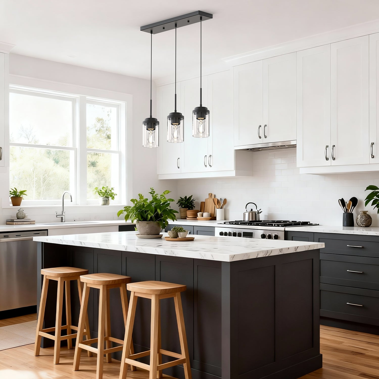 3-Light Cluster Kitchen Island Pendant Light with Matte Black Finish and Glass Shades for Dining Room No Bulbs Included