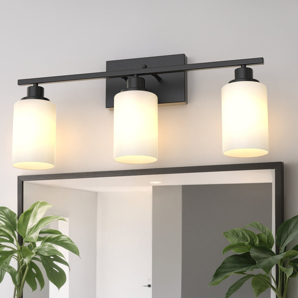 Jandcase 3-Light Industrial Vintage Vanity Light with Frosted Cylinder Glass Shades Black E26 Bulb Not Included