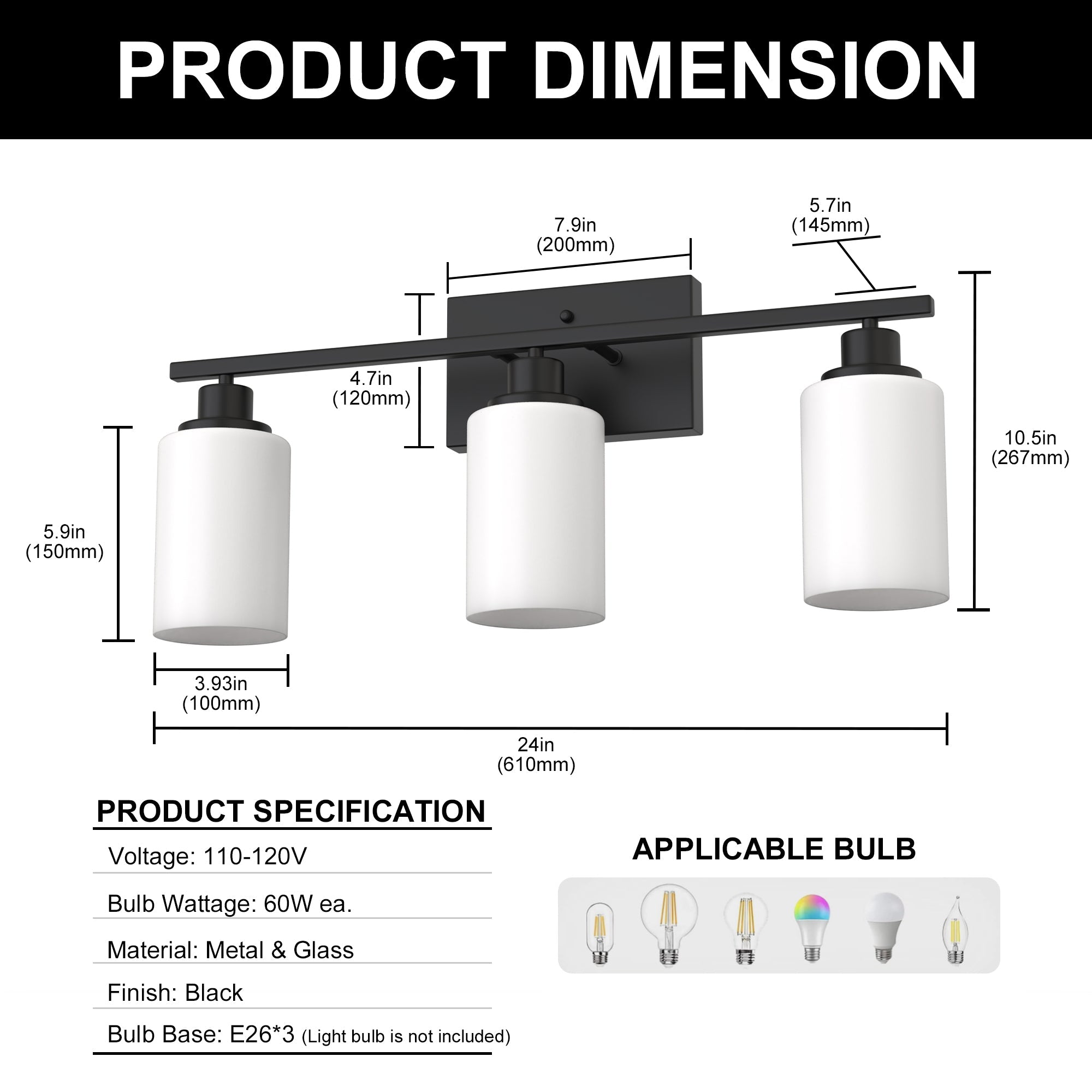 Jandcase 3-Light Industrial Vintage Vanity Light with Frosted Cylinder Glass Shades Black E26 Bulb Not Included