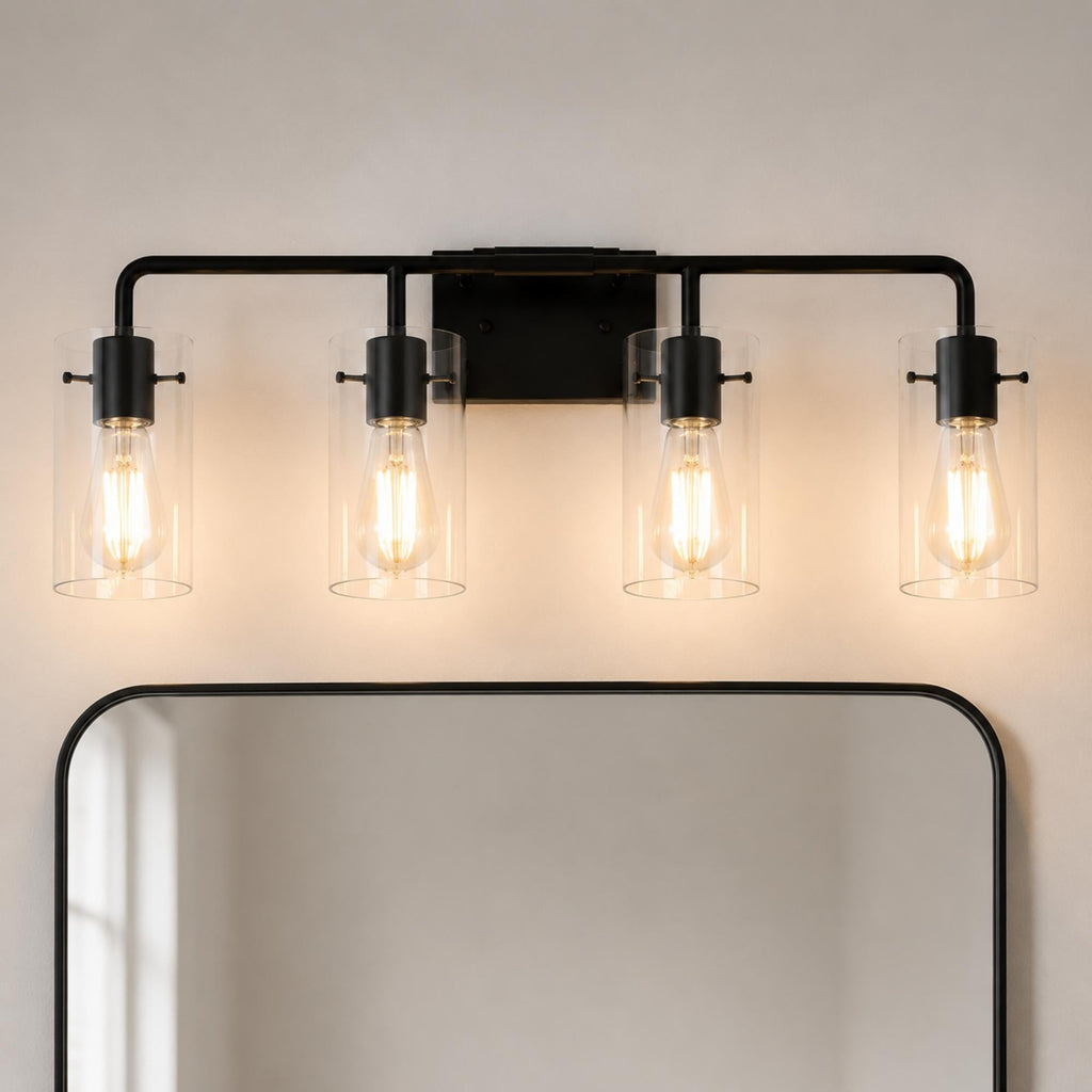 Jandcase 26 in. 4-Light Matte Black Glass Bathroom Vanity Light Fixture KD Structure E26 ETL Certified