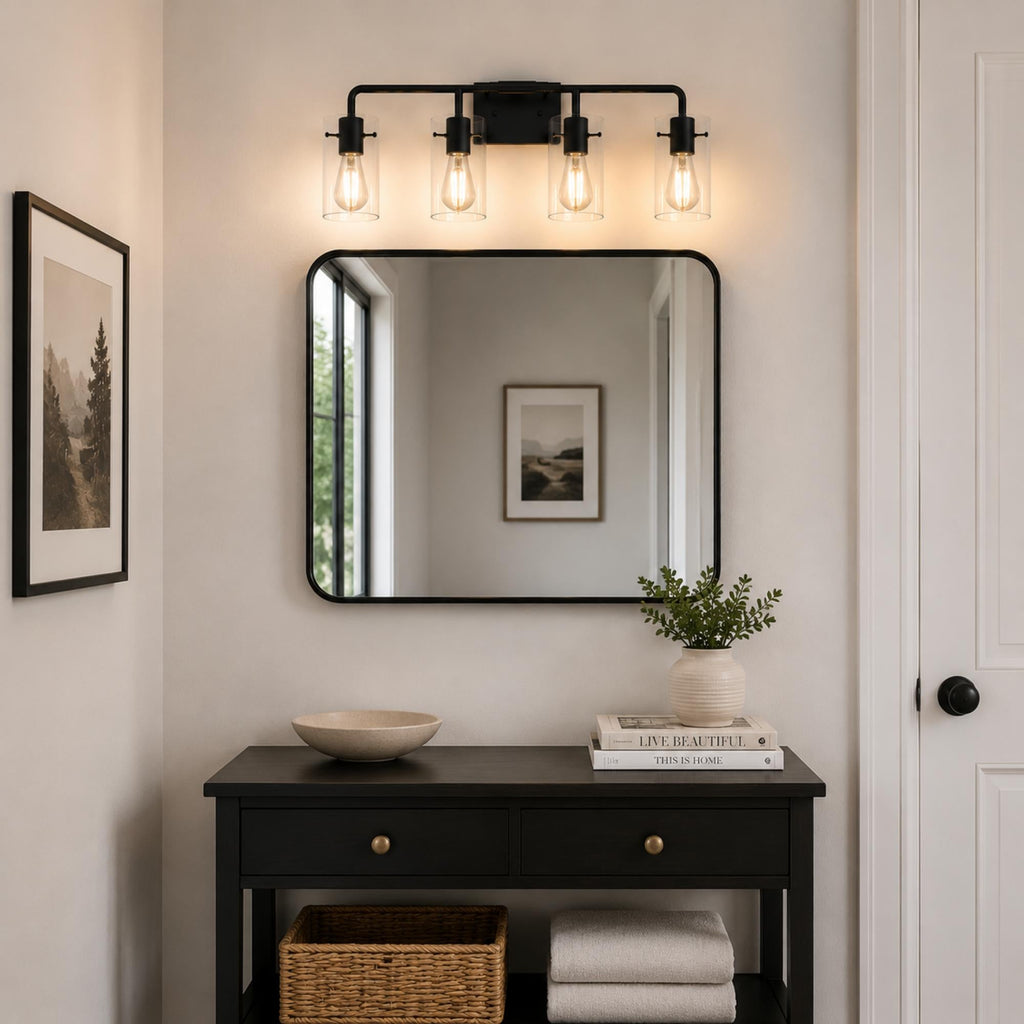 Jandcase 26 in. 4-Light Matte Black Glass Bathroom Vanity Light Fixture KD Structure E26 ETL Certified