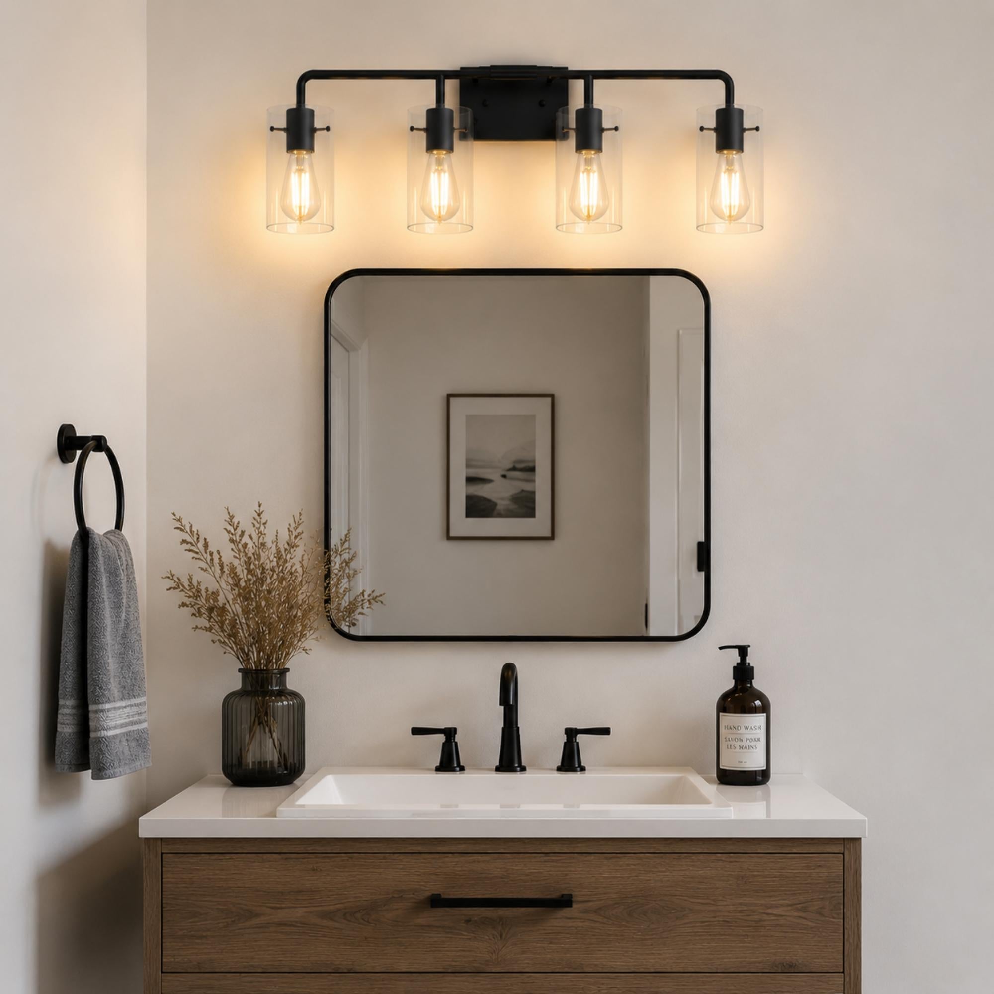 Jandcase 26 in. 4-Light Matte Black Glass Bathroom Vanity Light Fixture KD Structure E26 ETL Certified