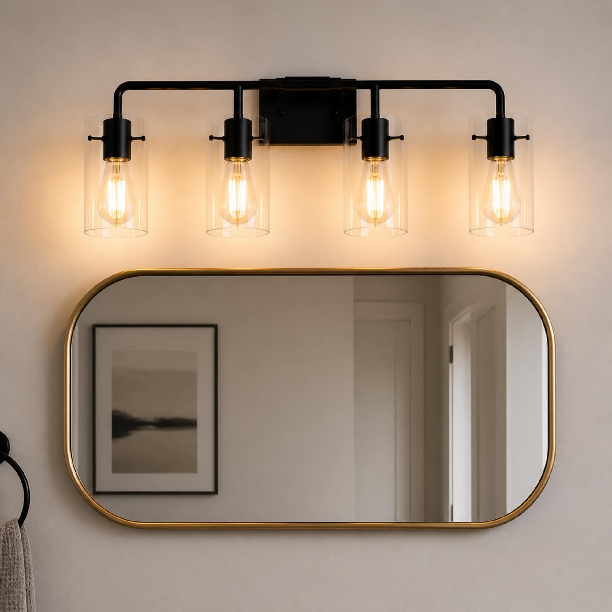 Jandcase 26 in. 4-Light Matte Black Glass Bathroom Vanity Light Fixture KD Structure E26 ETL Certified