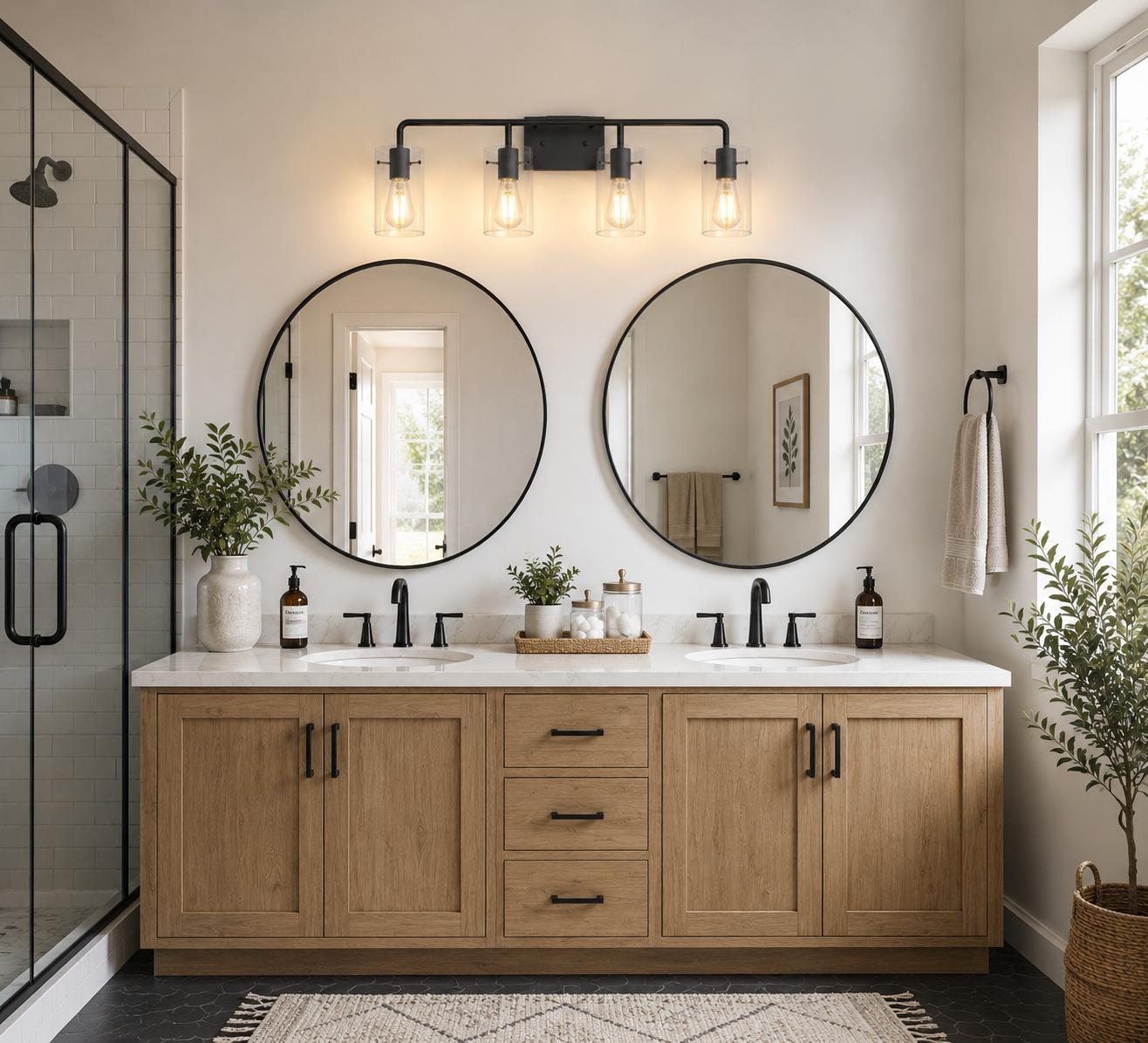 Jandcase 26 in. 4-Light Matte Black Glass Bathroom Vanity Light Fixture KD Structure E26 ETL Certified