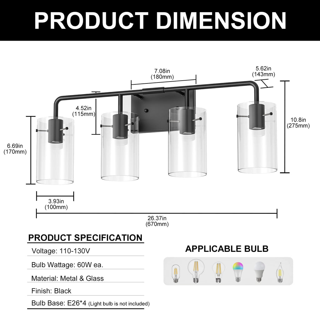 Jandcase 26 in. 4-Light Matte Black Glass Bathroom Vanity Light Fixture KD Structure E26 ETL Certified