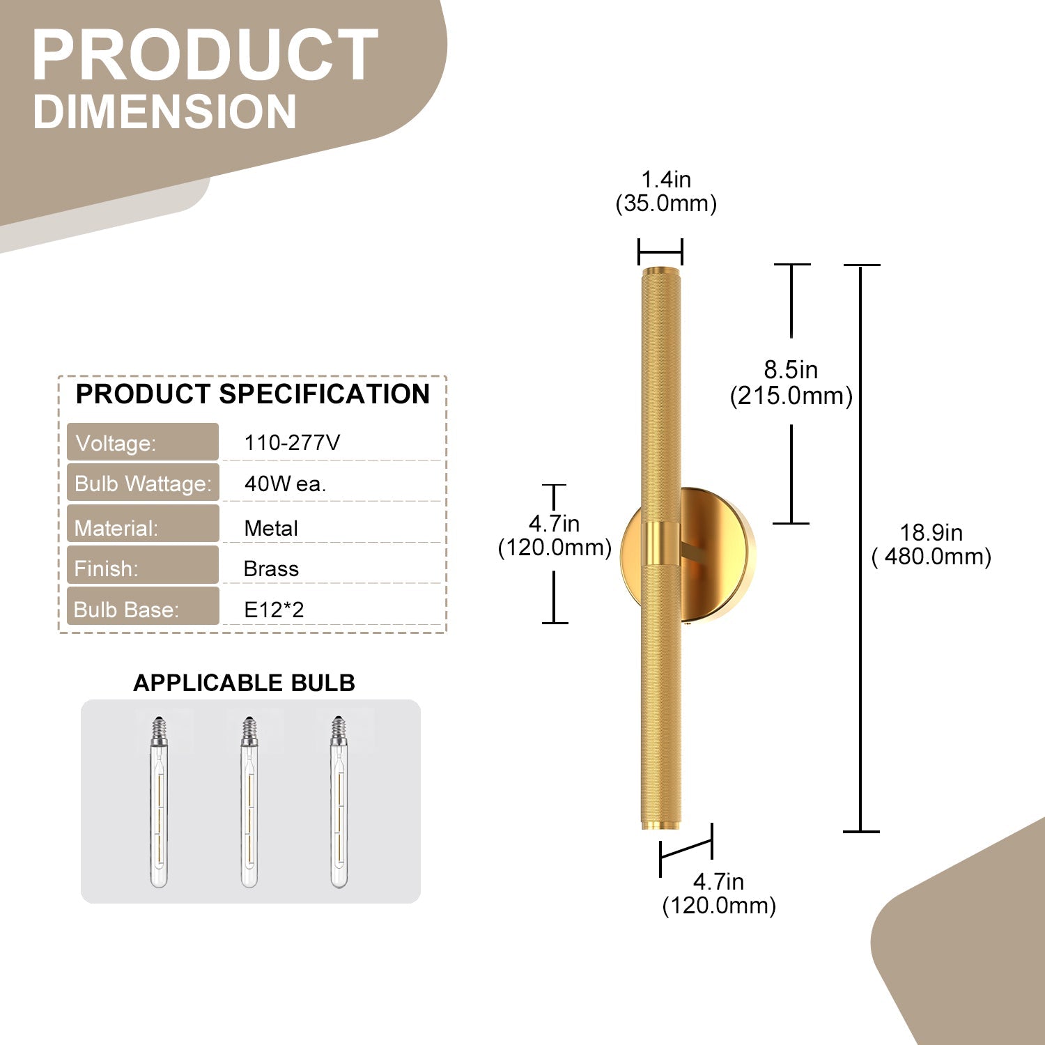 Jandcase 18.5 in. 2-Light Brass LED Wall Sconce with 3-Watt 2700K LED Bulbs for Entryway, Libraries E12 Bulbs Included