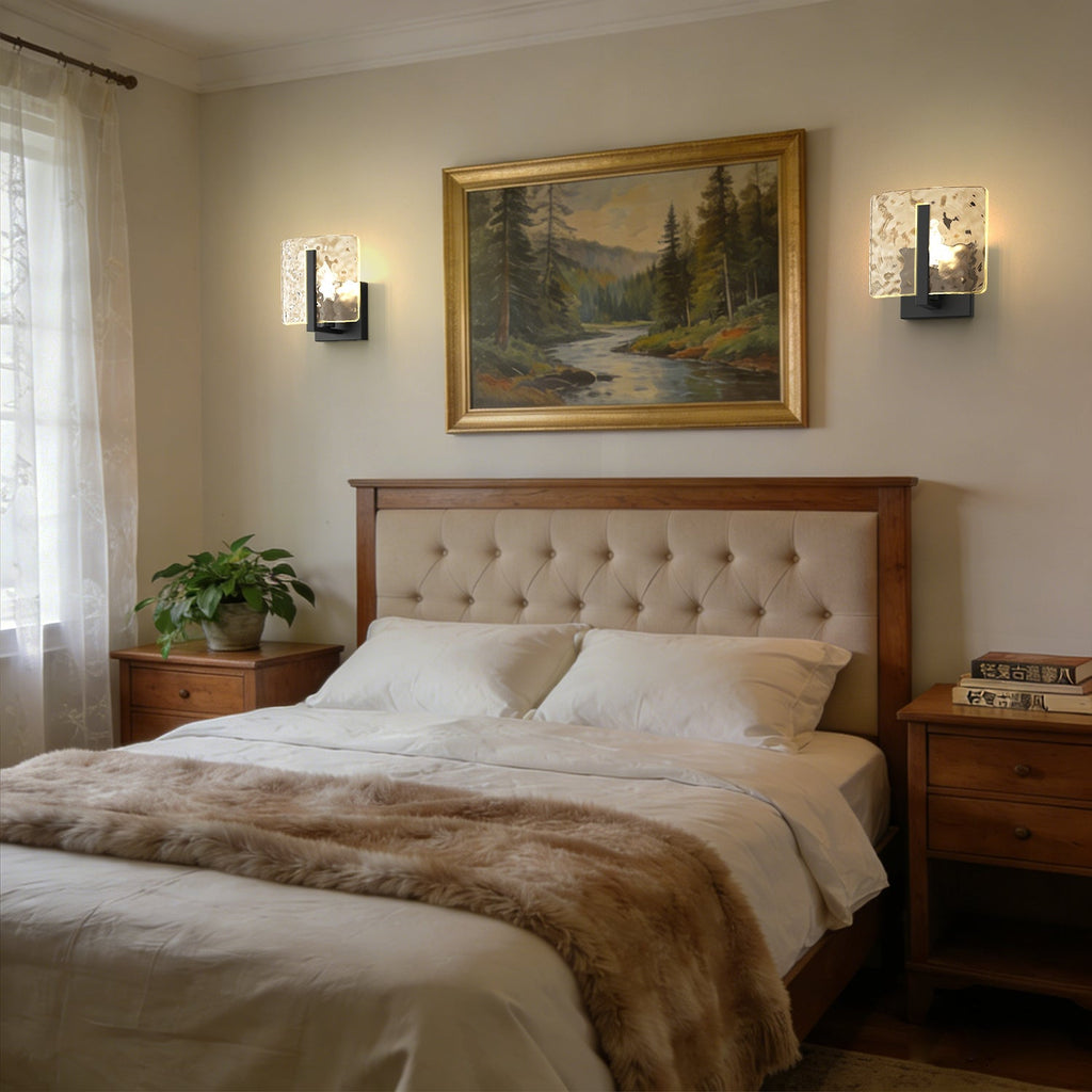 Jandcase 2-Pack 6.3 in. 1-Light Matte Black Traditional Indoor Wall Sconce with Water Ripple Glass Shade, E12 Base for Bedroom