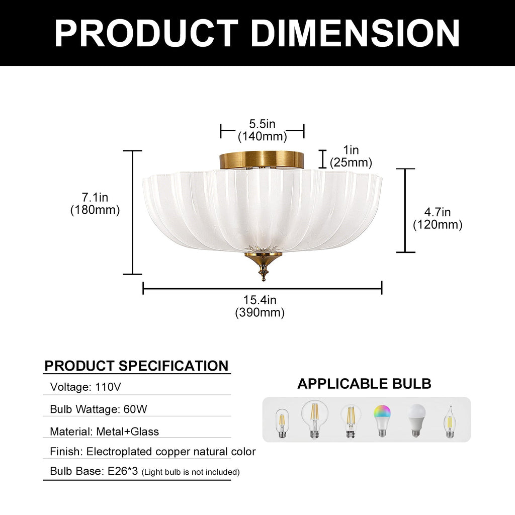 Jandcase 15.4 in. Modern 3-Light Bowl Polished Brass Flush Mount Ceiling Light with Round White Glass Shade E26 for Bedroom,Foyer