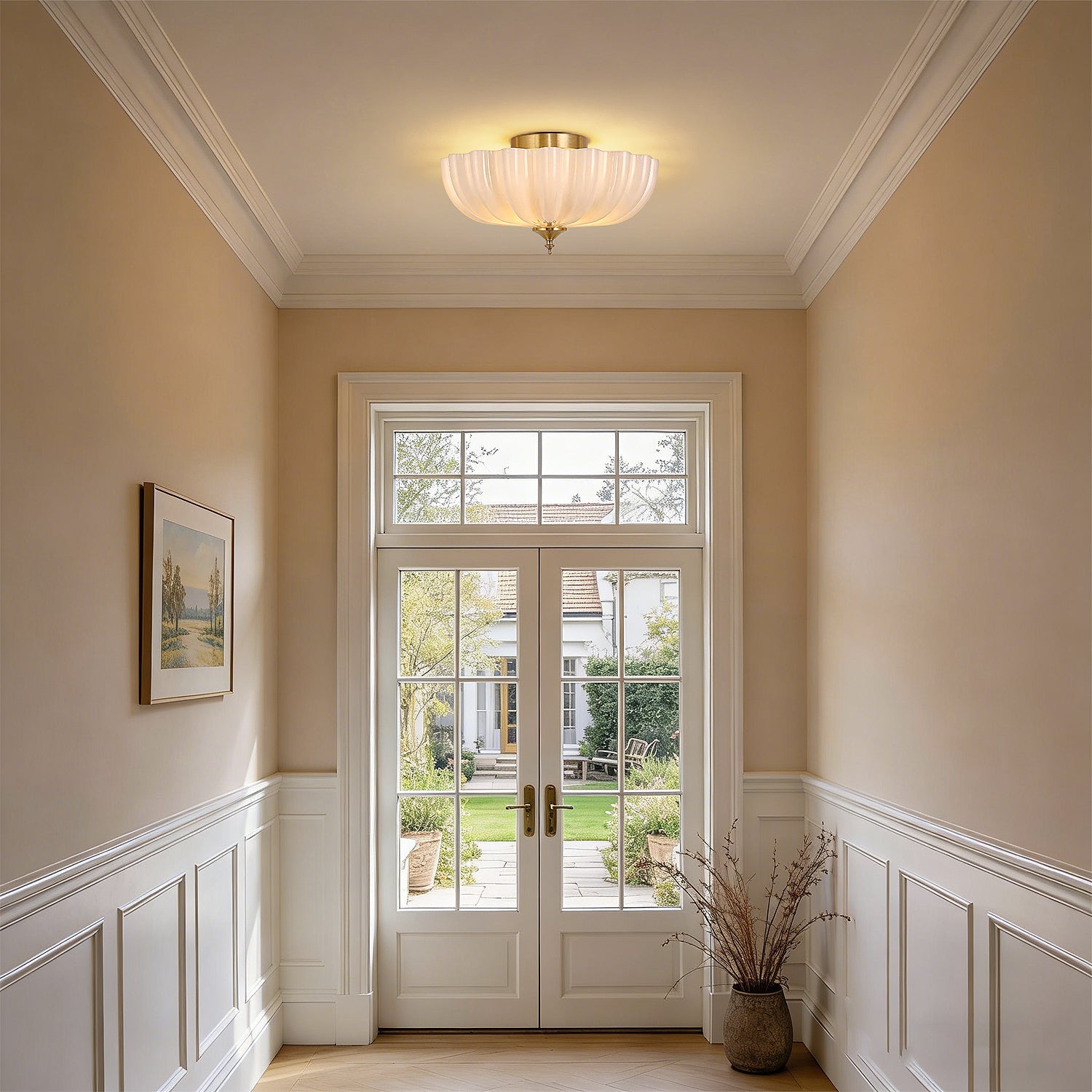 Jandcase 15.4 in. Modern 3-Light Bowl Polished Brass Flush Mount Ceiling Light with Round White Glass Shade E26 for Bedroom,Foyer