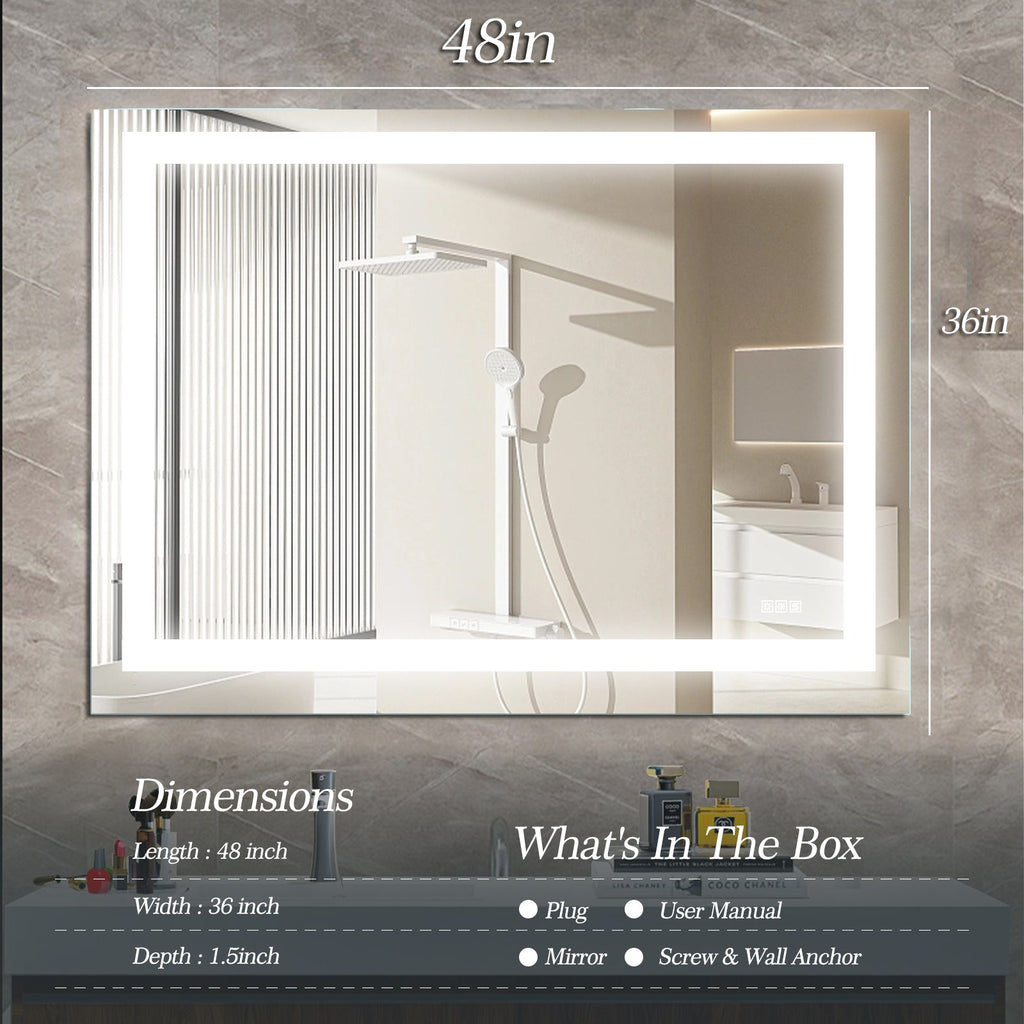 Jandcase 48" x 36" LED Bathroom Mirror Vanity Light with Anti-Fog, Touch Sensor, Dimmable & Color Changing Light ?????¡ì??C Frameless Modern Vanity Wall Mirror