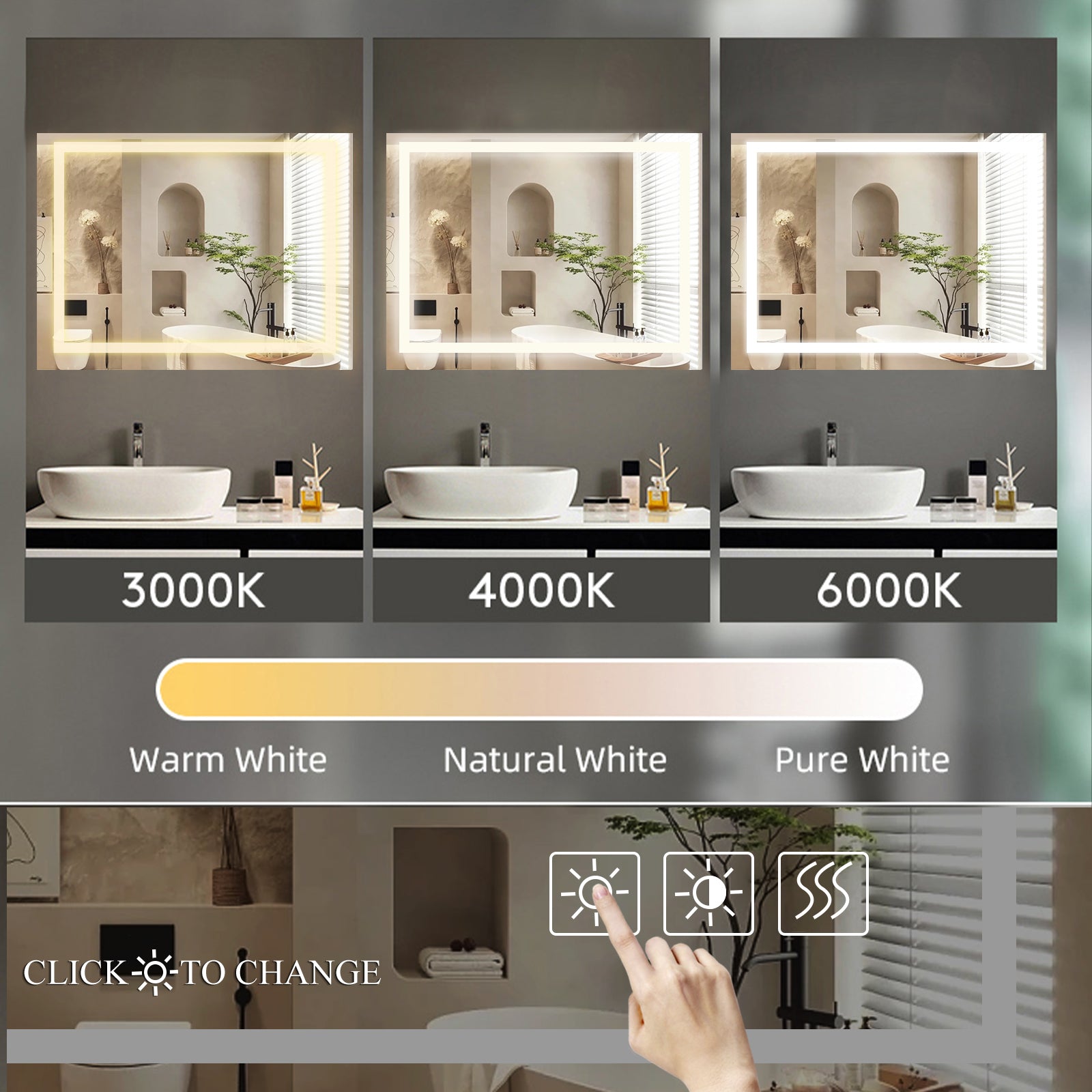 Jandcase 48" x 36" LED Bathroom Mirror Vanity Light with Anti-Fog, Touch Sensor, Dimmable & Color Changing Light ?????¡ì??C Frameless Modern Vanity Wall Mirror