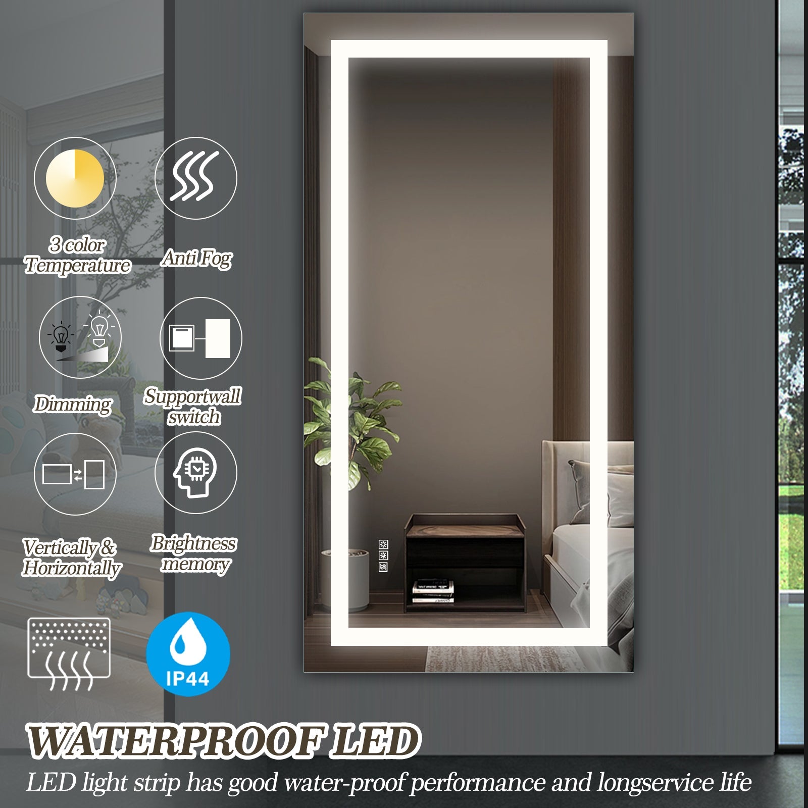 Jandcase 72" x 36" LED Bathroom Mirror with Anti-Fog, Dimmable & Color Changing Light ?????¡ì??C Modern Frameless Vanity Wall Mirror