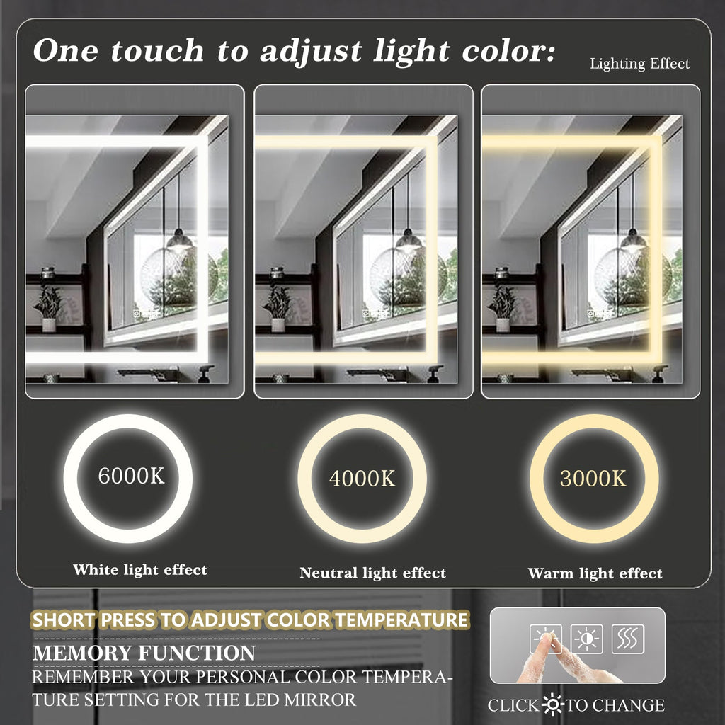 Jandcase 72" x 36" LED Bathroom Mirror with Anti-Fog, Dimmable & Color Changing Light ?????¡ì??C Modern Frameless Vanity Wall Mirror
