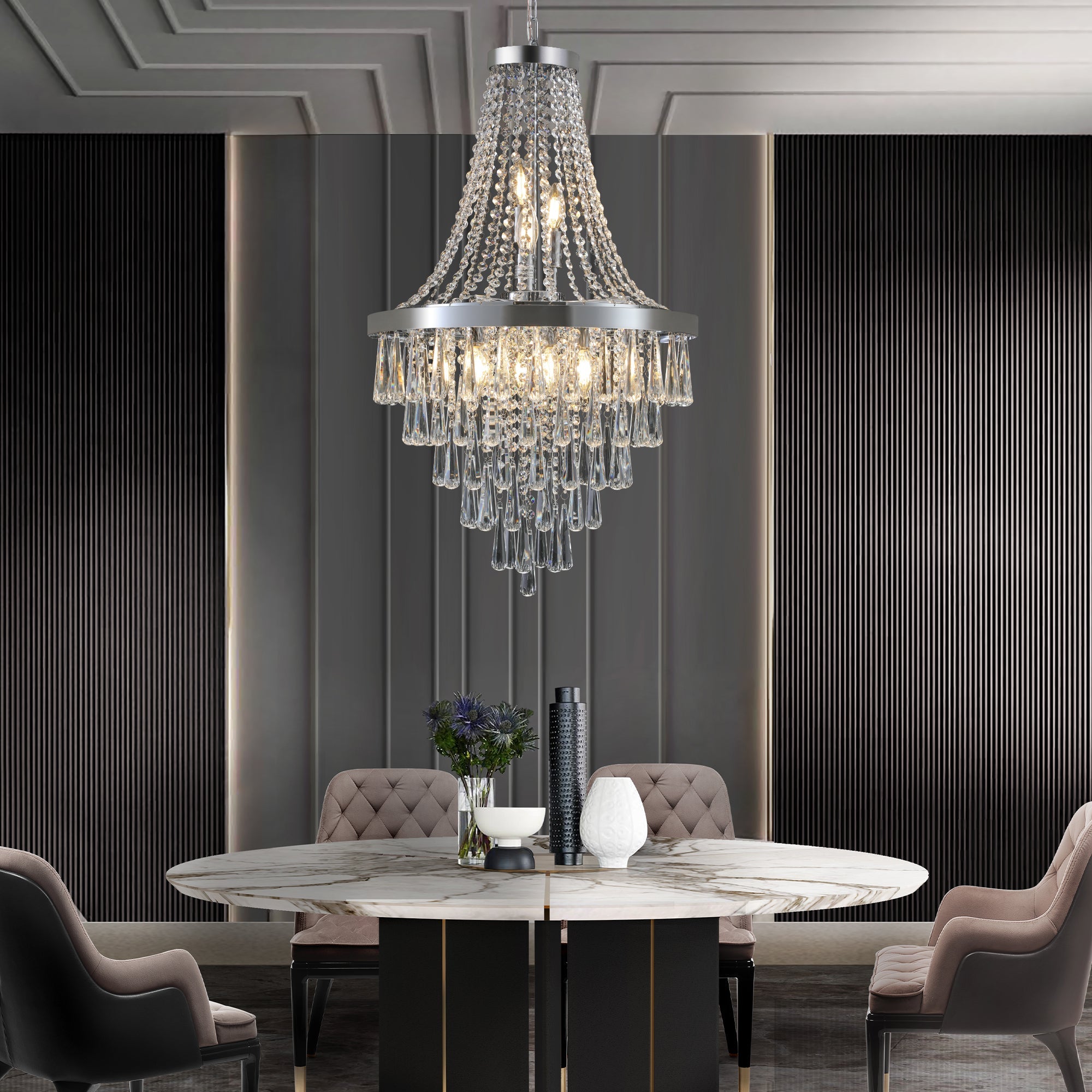 Jandcase 20in. Chrome Crystal Chandelier 11-Light E12 Modern Luxury Ceiling Light for Living Room Dining Room Staircase Adjustable Height