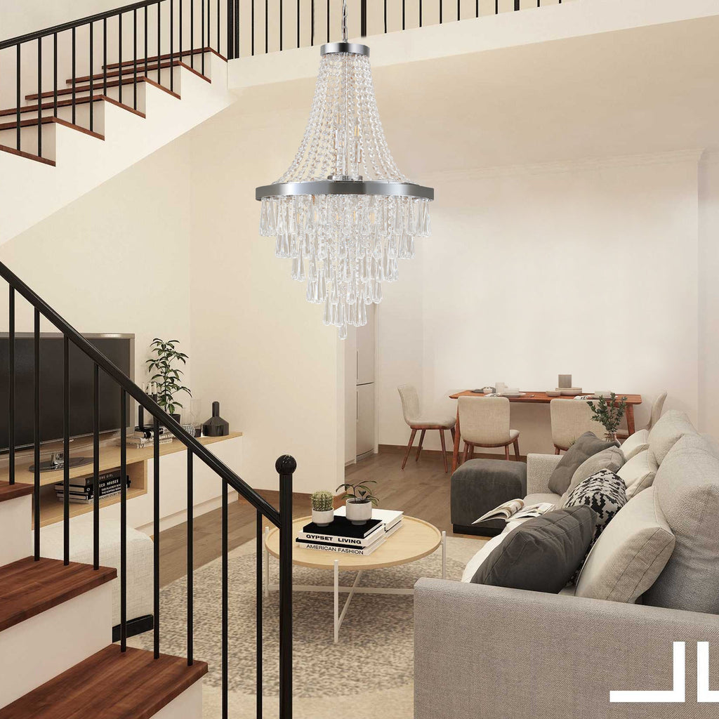 Jandcase 20in. Chrome Crystal Chandelier 11-Light E12 Modern Luxury Ceiling Light for Living Room Dining Room Staircase Adjustable Height
