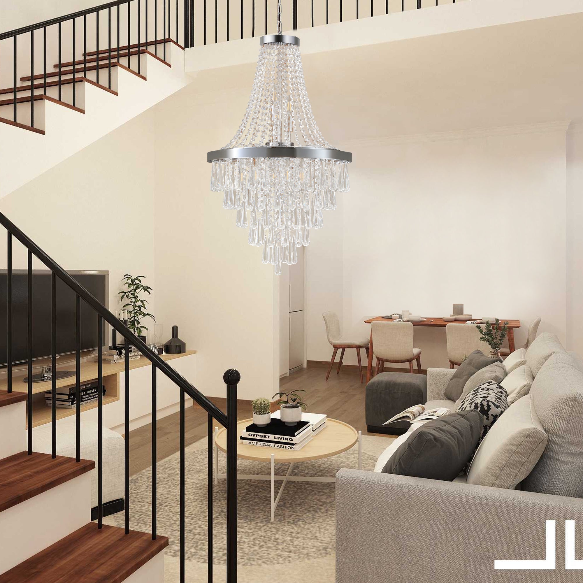 Jandcase 20in. Chrome Crystal Chandelier 11-Light E12 Modern Luxury Ceiling Light for Living Room Dining Room Staircase Adjustable Height