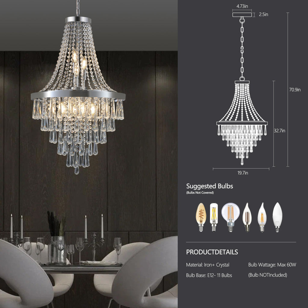 Jandcase 20in. Chrome Crystal Chandelier 11-Light E12 Modern Luxury Ceiling Light for Living Room Dining Room Staircase Adjustable Height