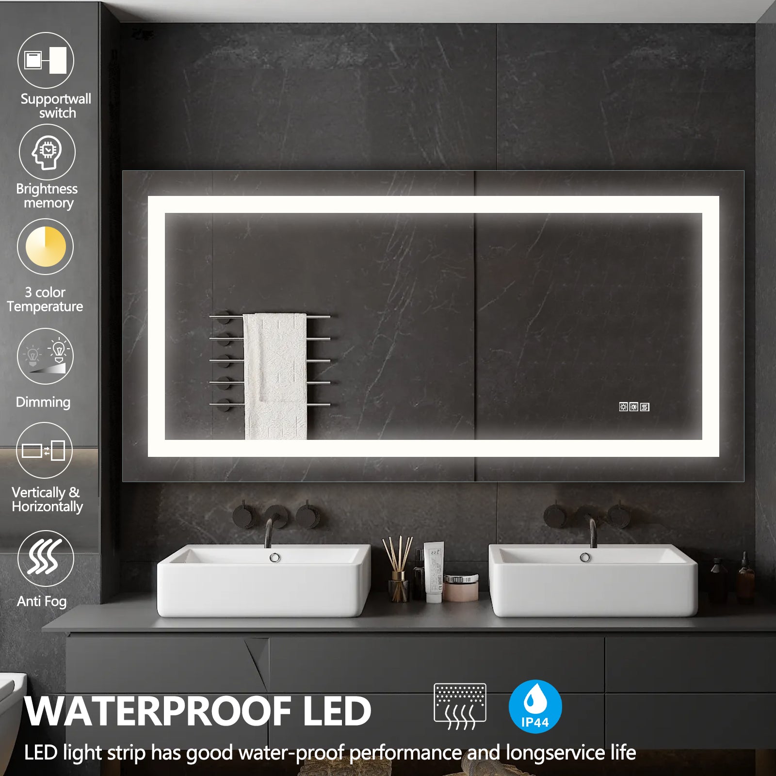 JandcaseLED .LED Bathroom Mirror Anti-Fog Dimmable Vanity Light Modern Wall-Mount