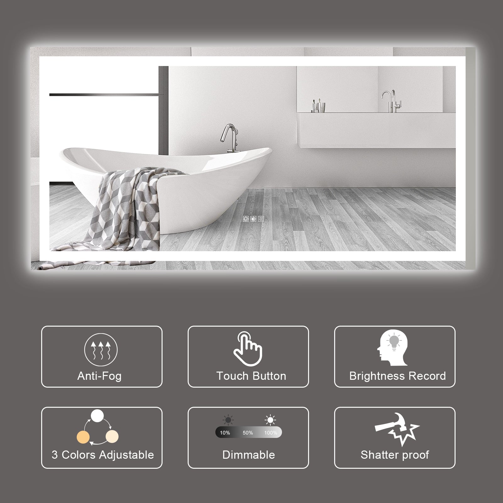 JandcaseLED .LED Bathroom Mirror Anti-Fog Dimmable Vanity Light Modern Wall-Mount