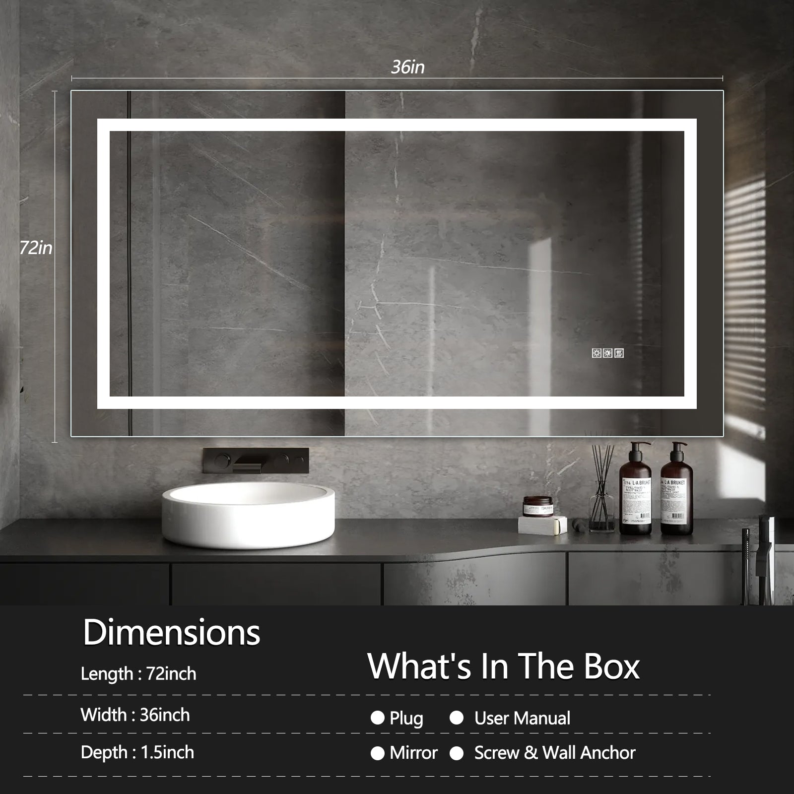 JandcaseLED .LED Bathroom Mirror Anti-Fog Dimmable Vanity Light Modern Wall-Mount