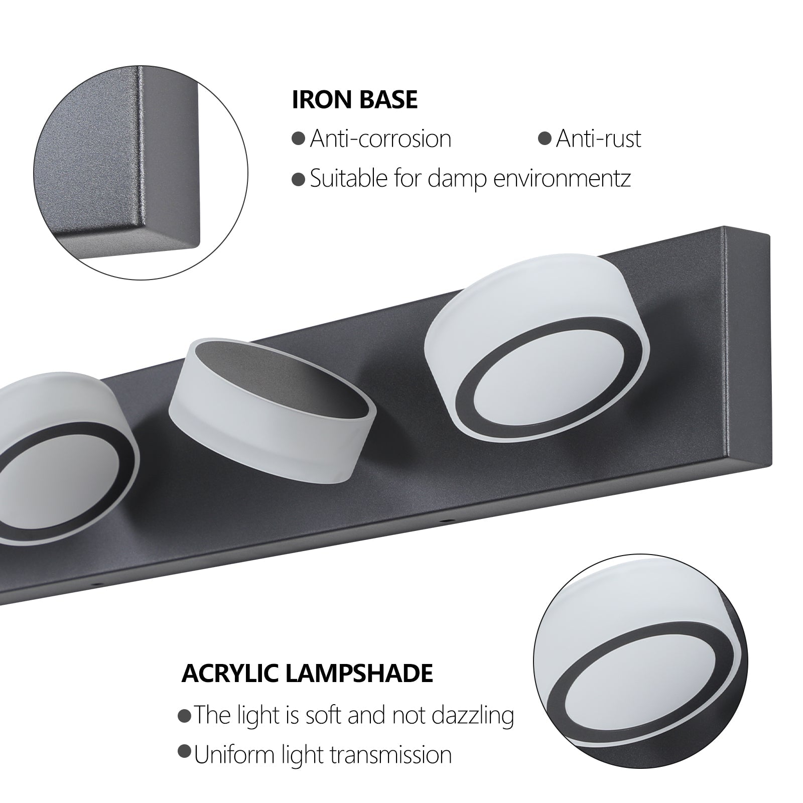 Jandcase 45in. Modern 6-Light LED Vanity Wall Light Black with Acrylic Shades Dimmable Bathroom Fixture