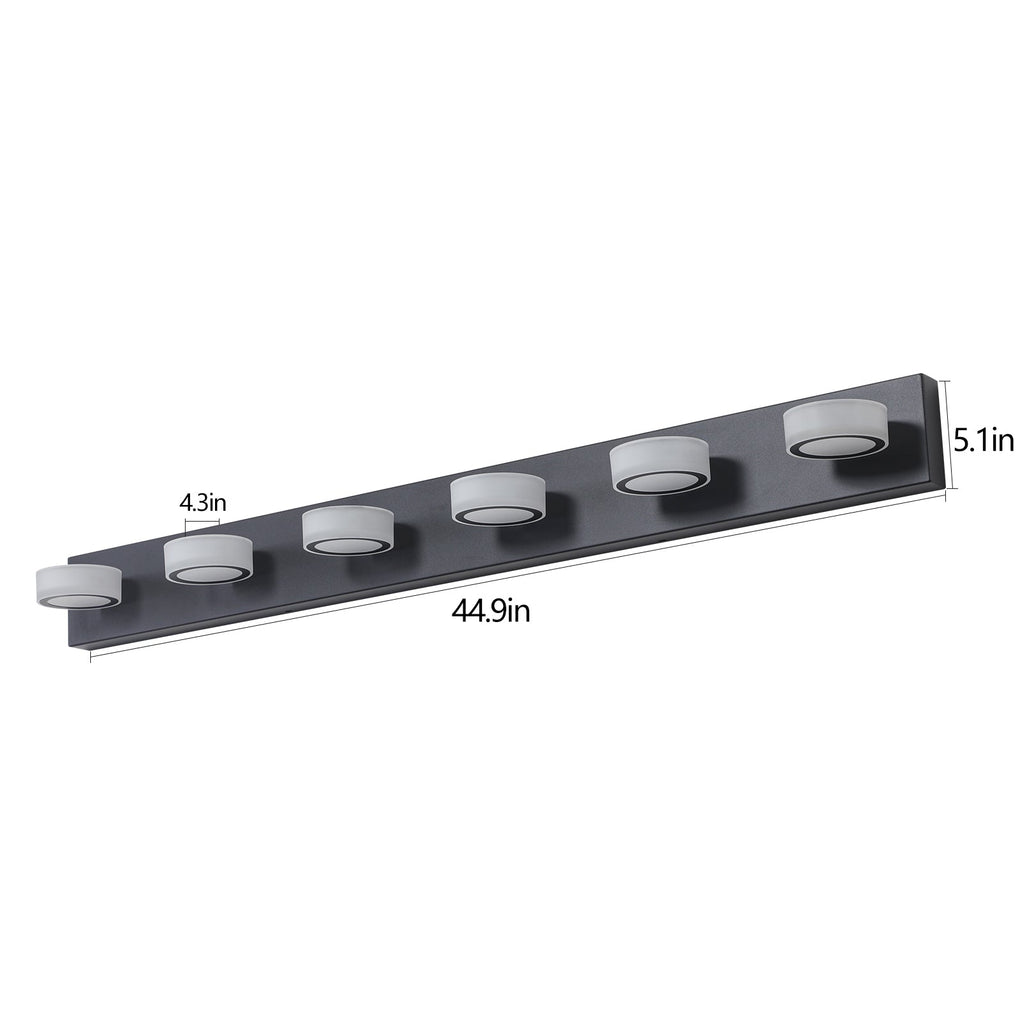 Jandcase 45in. Modern 6-Light LED Vanity Wall Light Black with Acrylic Shades Dimmable Bathroom Fixture