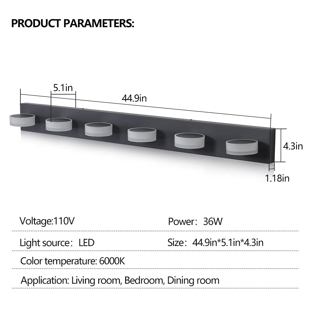 Jandcase 45in. Modern 6-Light LED Vanity Wall Light Black with Acrylic Shades Dimmable Bathroom Fixture