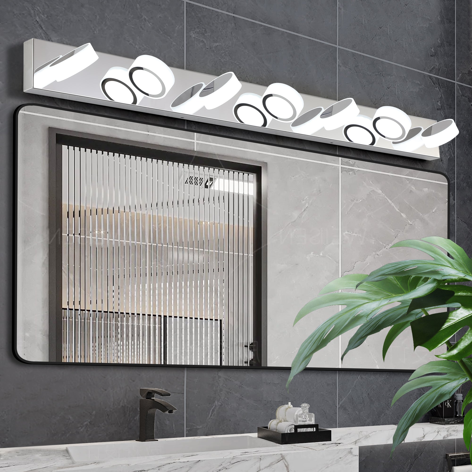 Jandcase 52in. Modern 7-Light LED Vanity Wall Sconce Chrome with Acrylic Shades Dimmable Bathroom Light