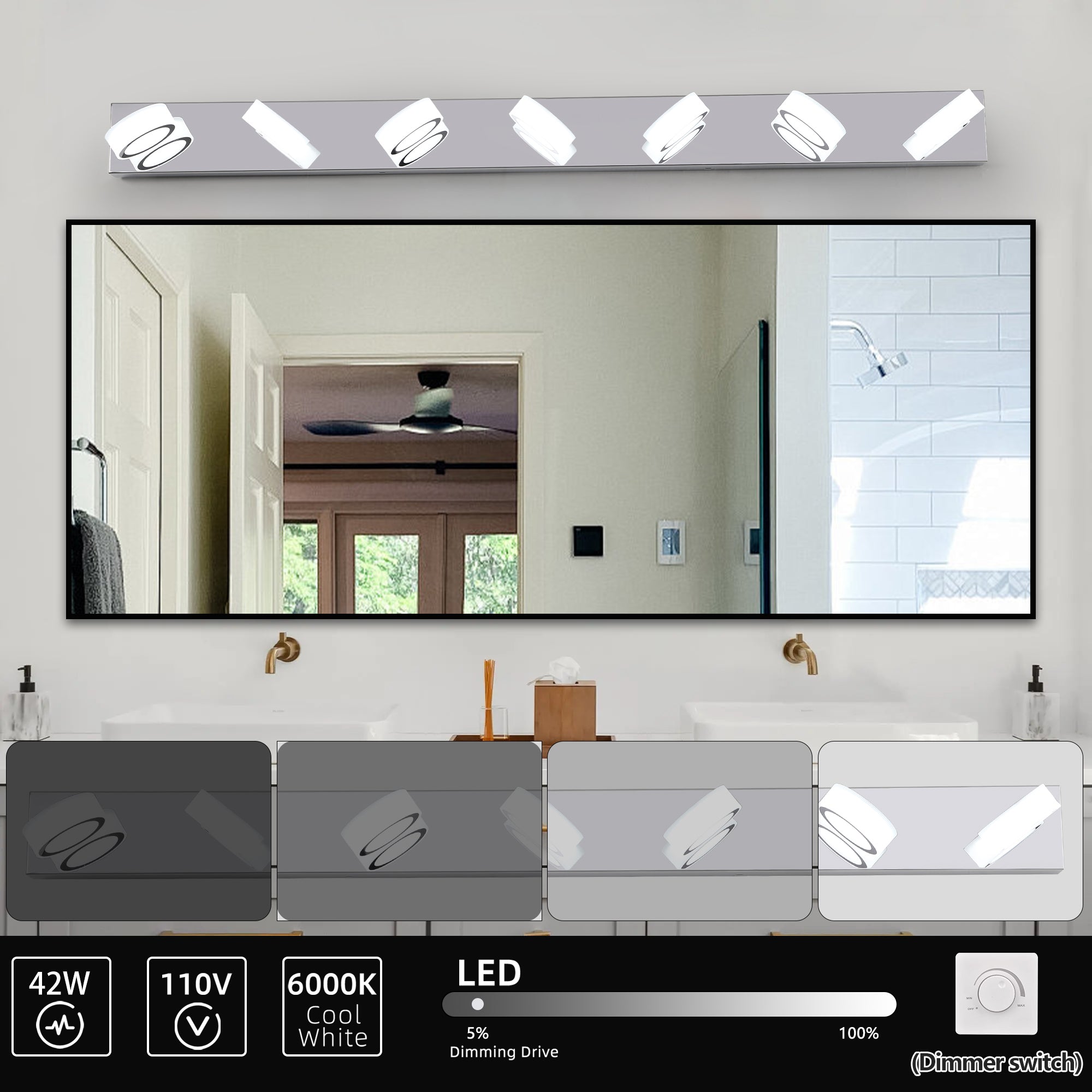 Jandcase 52in. Modern 7-Light LED Vanity Wall Sconce Chrome with Acrylic Shades Dimmable Bathroom Light