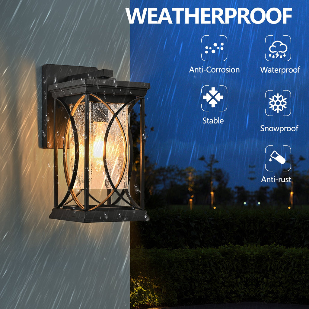 Jandcase 14in Outdoor Wall Lantern Black Crackled Glass Weather-Resistant Exterior Sconce Modern Porch Patio Entryway Light E26 Base