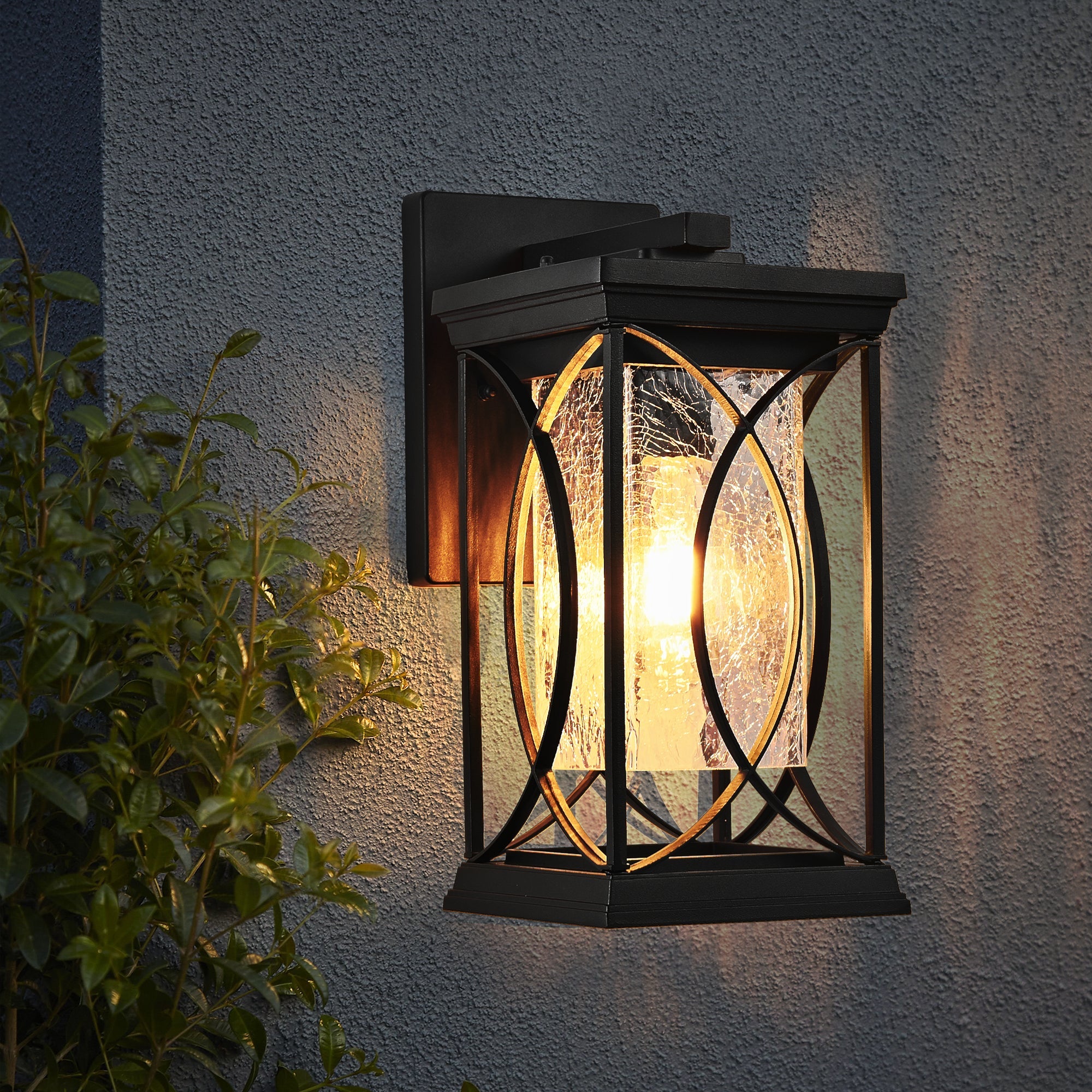 Jandcase 14in Outdoor Wall Lantern Black Crackled Glass Weather-Resistant Exterior Sconce Modern Porch Patio Entryway Light E26 Base